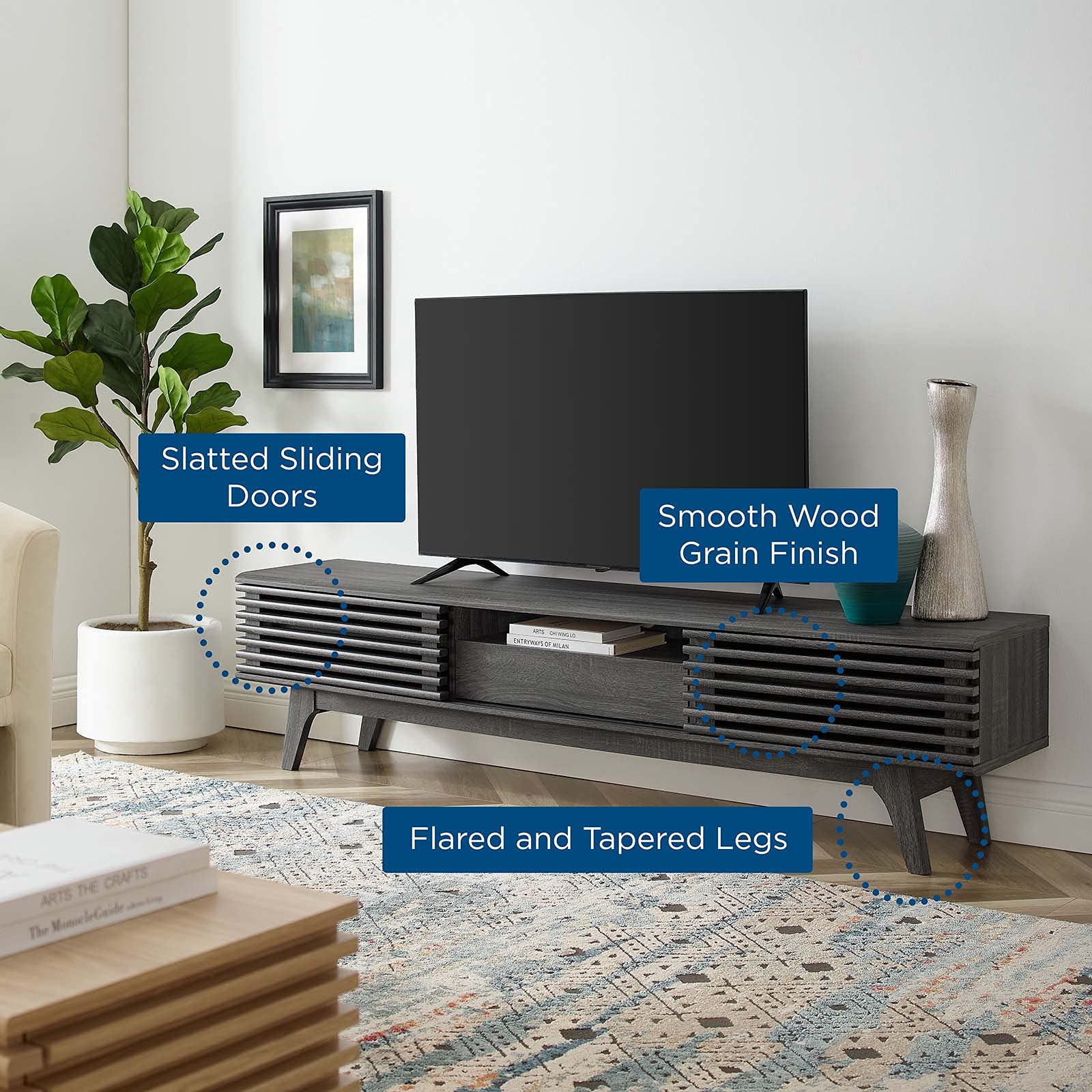 Modern Dark Grey Wood TV Stand Console Table - Stylish Media Entertainment Center for Living Room, Lounge, Hotel & Hospitality Spaces