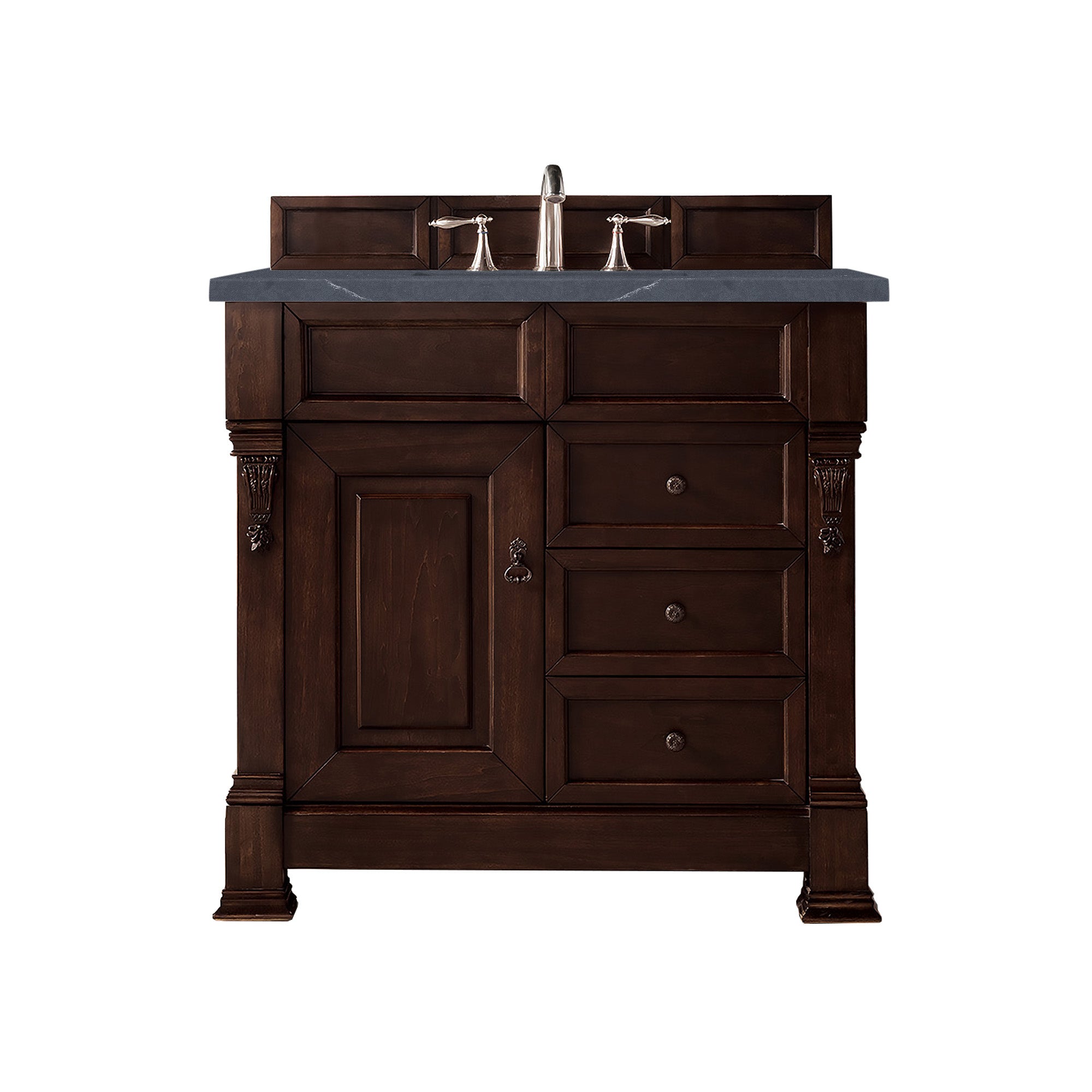 Brookfield 36 Inch Single Bathroom Vanity with Burnished Mahogany Base & 3CM Charcoal Soapstone Quartz Countertop - Perfect for Modern Home Bathroom Renovation