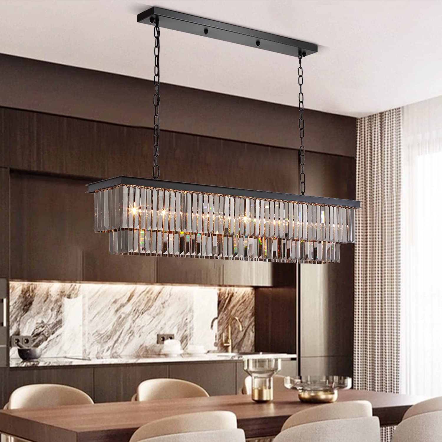 Siljoy L47 Modern Crystal Chandelier - 8-Light Rectangular Kitchen Island Pendant Light with Black Metal Frame & Smoky Gray Crystals - Perfect for Dining Room, Kitchen Island, Foyer Lighting - Elegant Ceiling Fixture for Home Decor