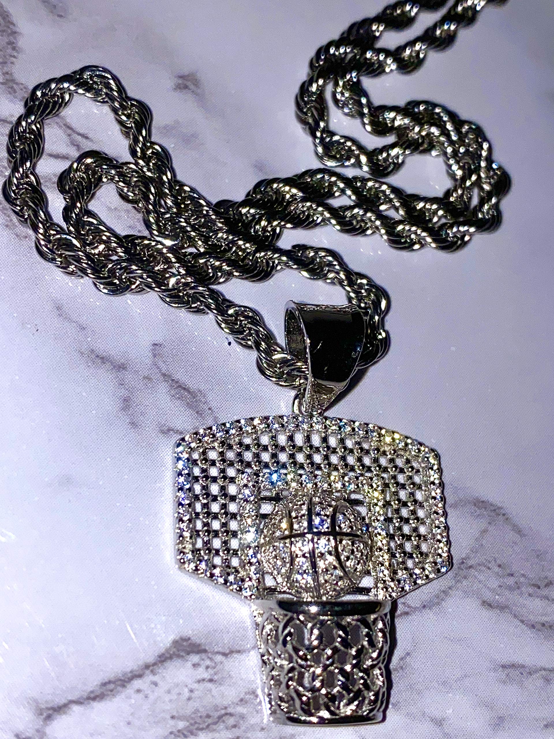 925 Sterling Silver Iced Basketball Charm Pendant with 2mm Stainless Steel Rope Chain Necklace for Men & Women - Hip Hop Jewelry, Gift for Basketball Lovers, Perfect for Streetwear & Casual Outfits