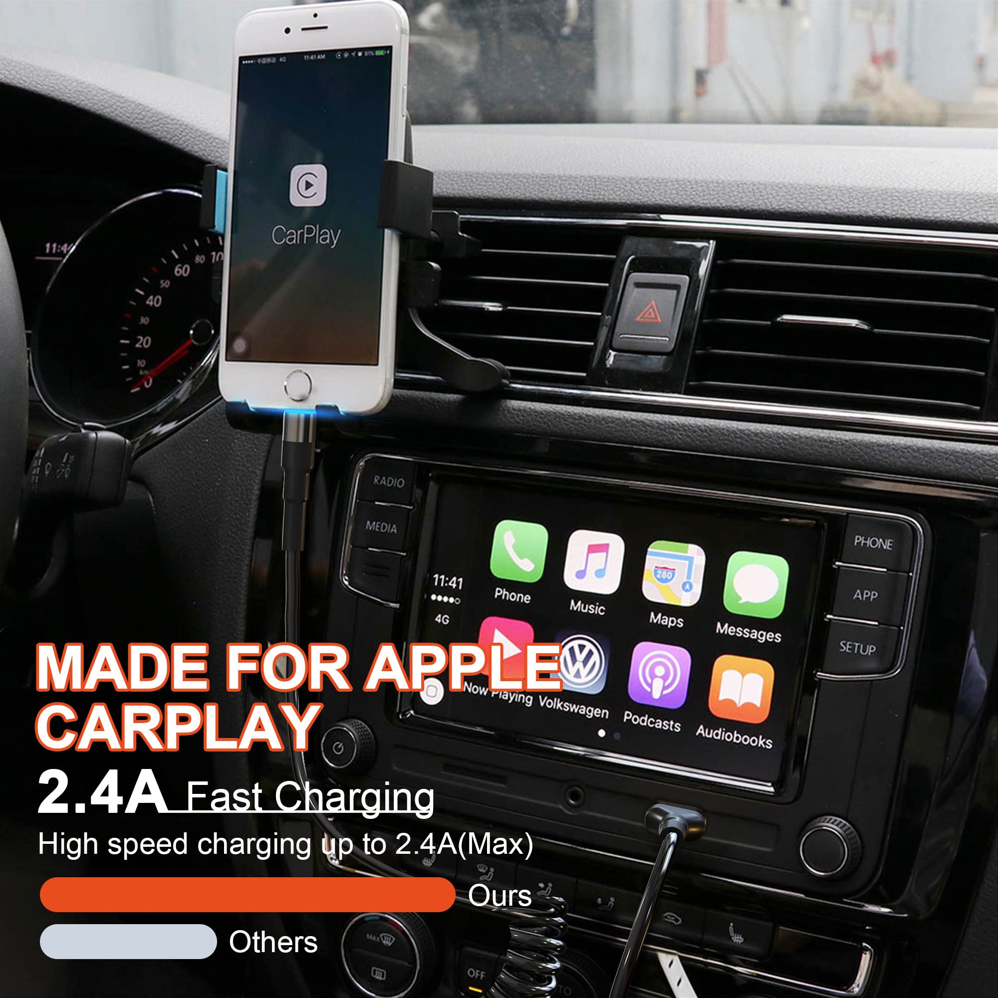 Apple MFi Certified Coiled Lightning Cable - USB to Lightning Retractable Charger Cord with LED & Fast Data Sync for iPhone, iPad, iPod - Perfect for CarPlay, Home & Office Charging