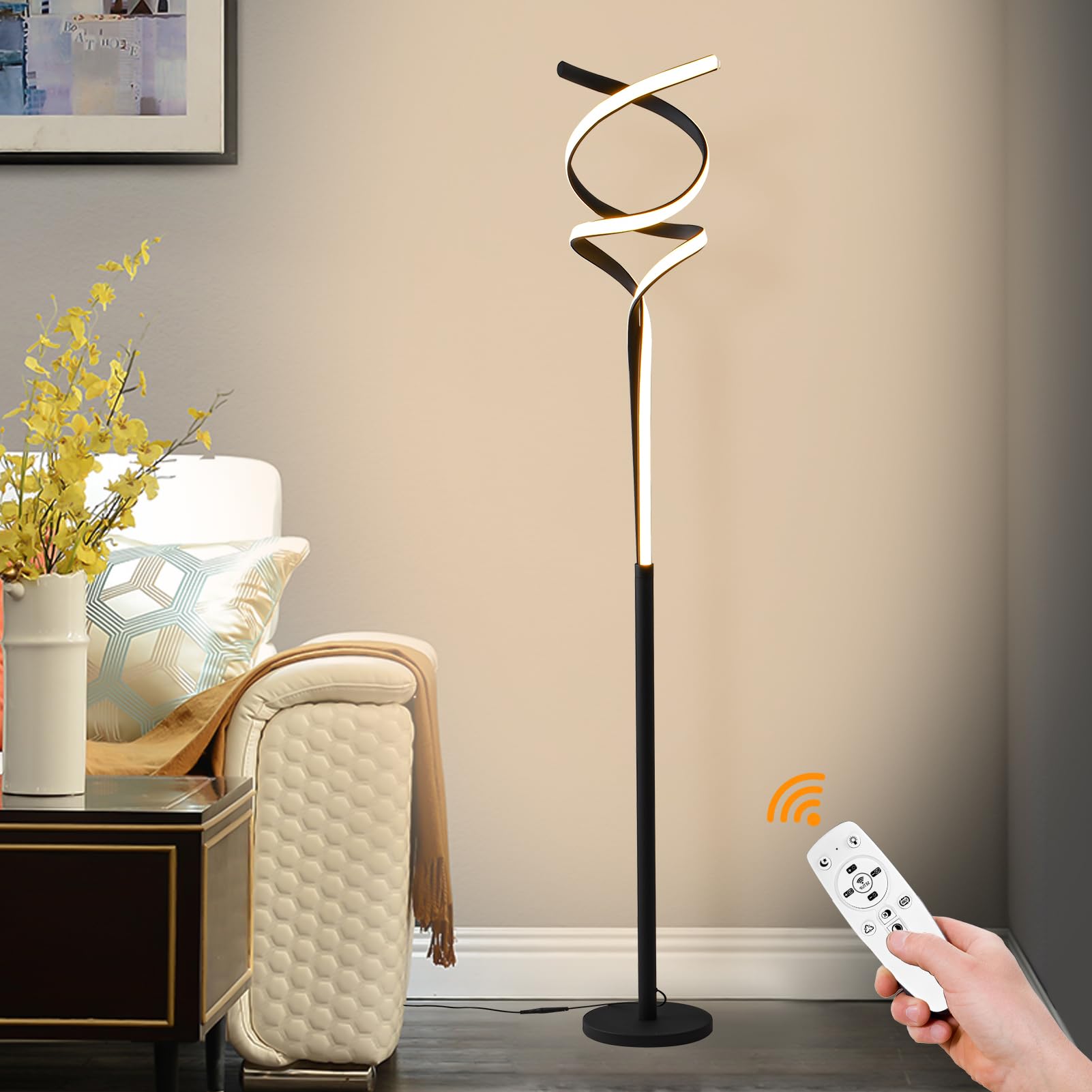 Modern LED Floor Lamp for Living Room & Bedroom - 40W 2500LM Bright Black Standing Light with Remote Control, 3-Color Dimmable, 63