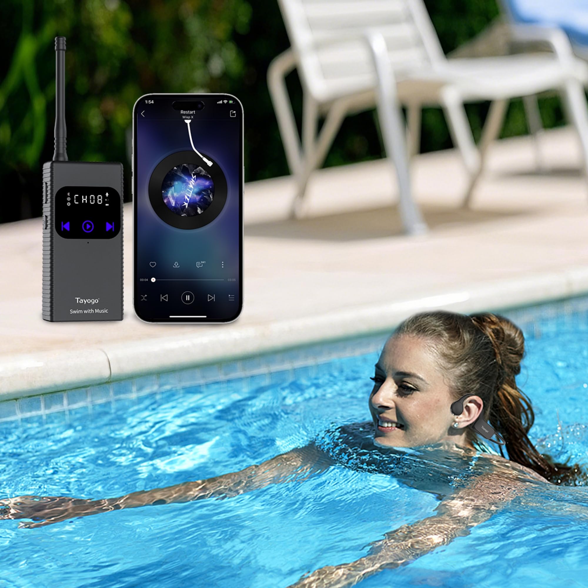 Tayogo Waterproof Bone Conduction Bluetooth Headphones for Swimming - Wireless Music Streaming for Spotify, Audible & Amazon Music - Swimming Coach Communication Device - Perfect for Pool Workouts, Open Water Swimming & Aquatic Fitness