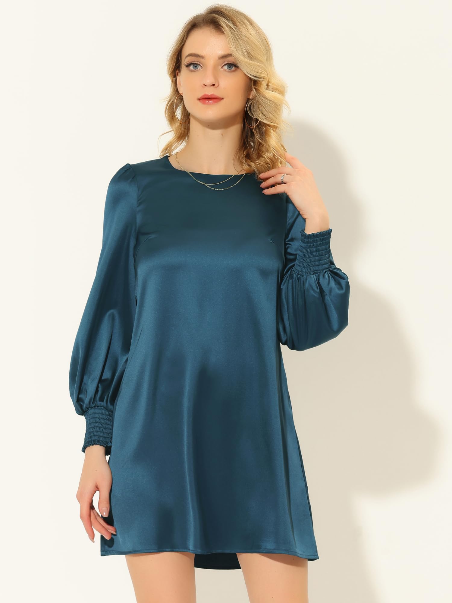 Allegra K Women's Satin Shift Dress with Lantern Sleeves & Tie Waist - Elegant Round Neck Party Cocktail Dress for Wedding, Evening & Special Occasions