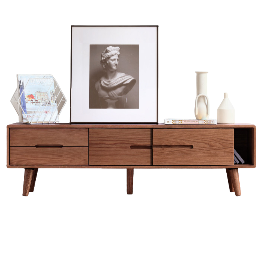 Solid Oak Wood TV Stand with Sliding Doors - Rustic Modern Entertainment Center for Living Room, Bedroom & Home Theater