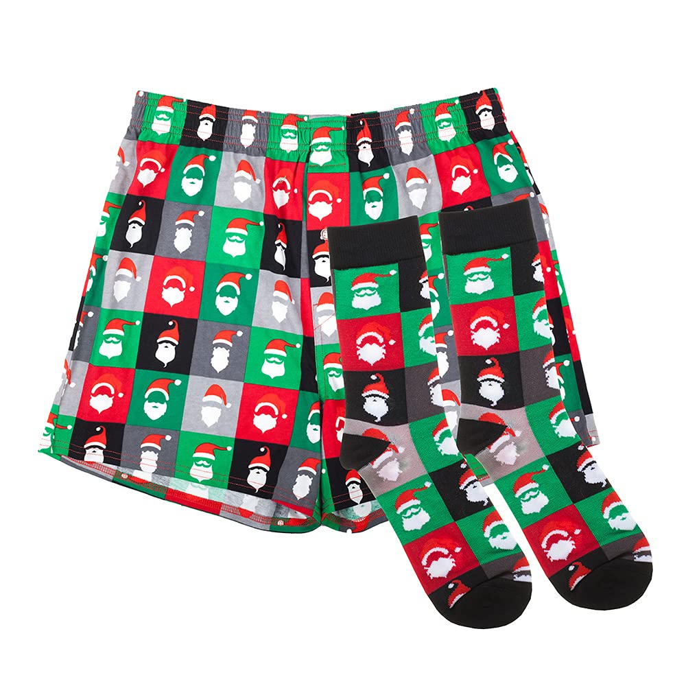 Festive Checkered Santa Claus Christmas Boxer Socks Set for Men - Perfect Holiday Gift & Cozy Winter Wear