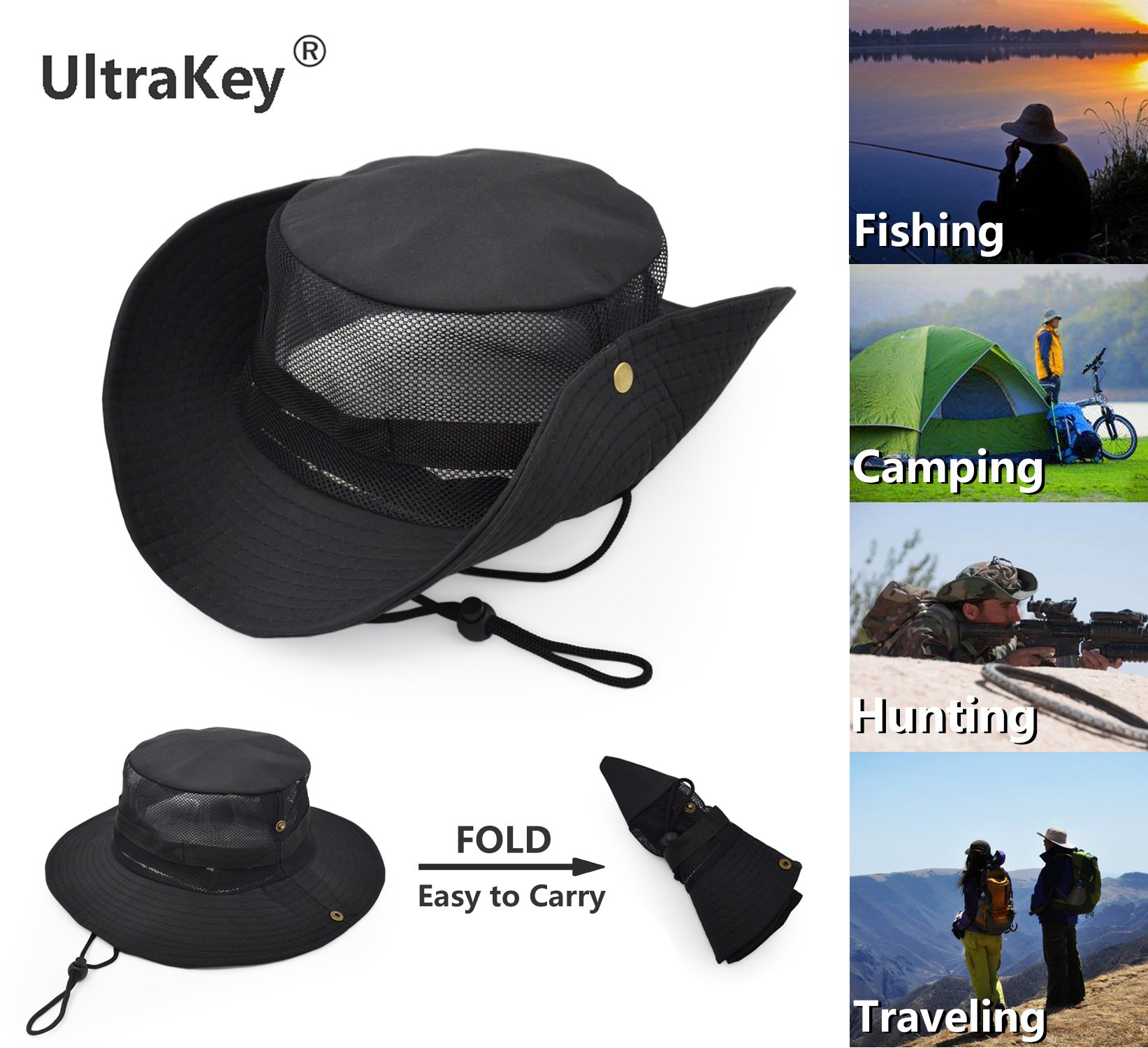 Army Style Outdoor Sun Protection Hat - Breathable Polyester Mesh Panel for Cooling - Perfect for Hiking, Camping & Beach Activities