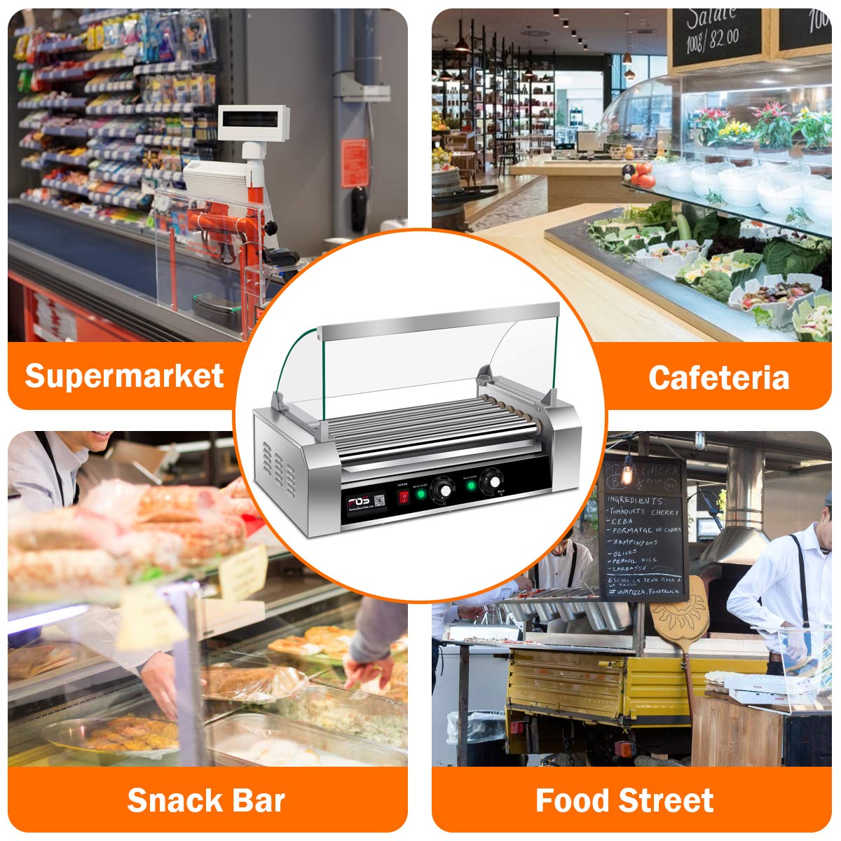 Electric Hot Dog Roller Machine - 18 Hot Dog Capacity, Non-Stick Surface, Removable Stainless Steel Drip Tray & Glass Hood Cover - Commercial Countertop Hot Dog Warmer for Restaurants, Food Trucks & Convenience Stores
