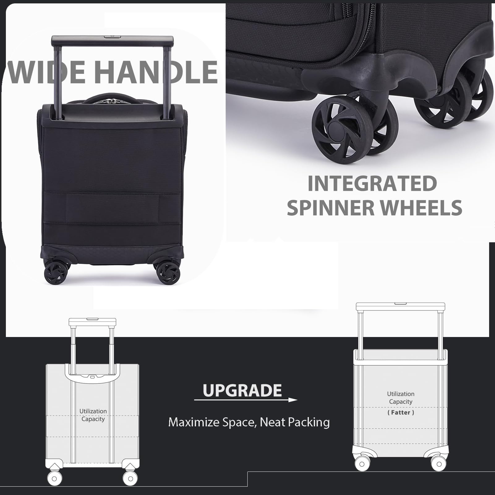 Vercase 15 Inch Underseat Spinner Carry On Luggage with Wheels - Black Travel Bag for Airplanes, Perfect Personal Item for Men & Women | Ideal for Business Trips & Weekend Getaways