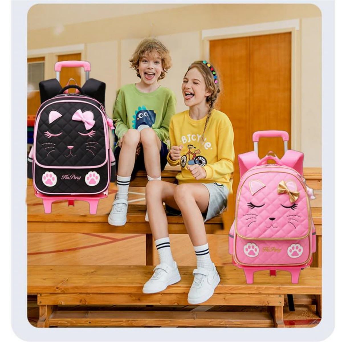 Cute Cat Face Rolling Backpack for Girls - MITOWERMI Wheeled School Bag with Bowknot Design, Kids Travel Luggage with 2 Wheels (Black) - Perfect for School, Travel, and Daily Commute