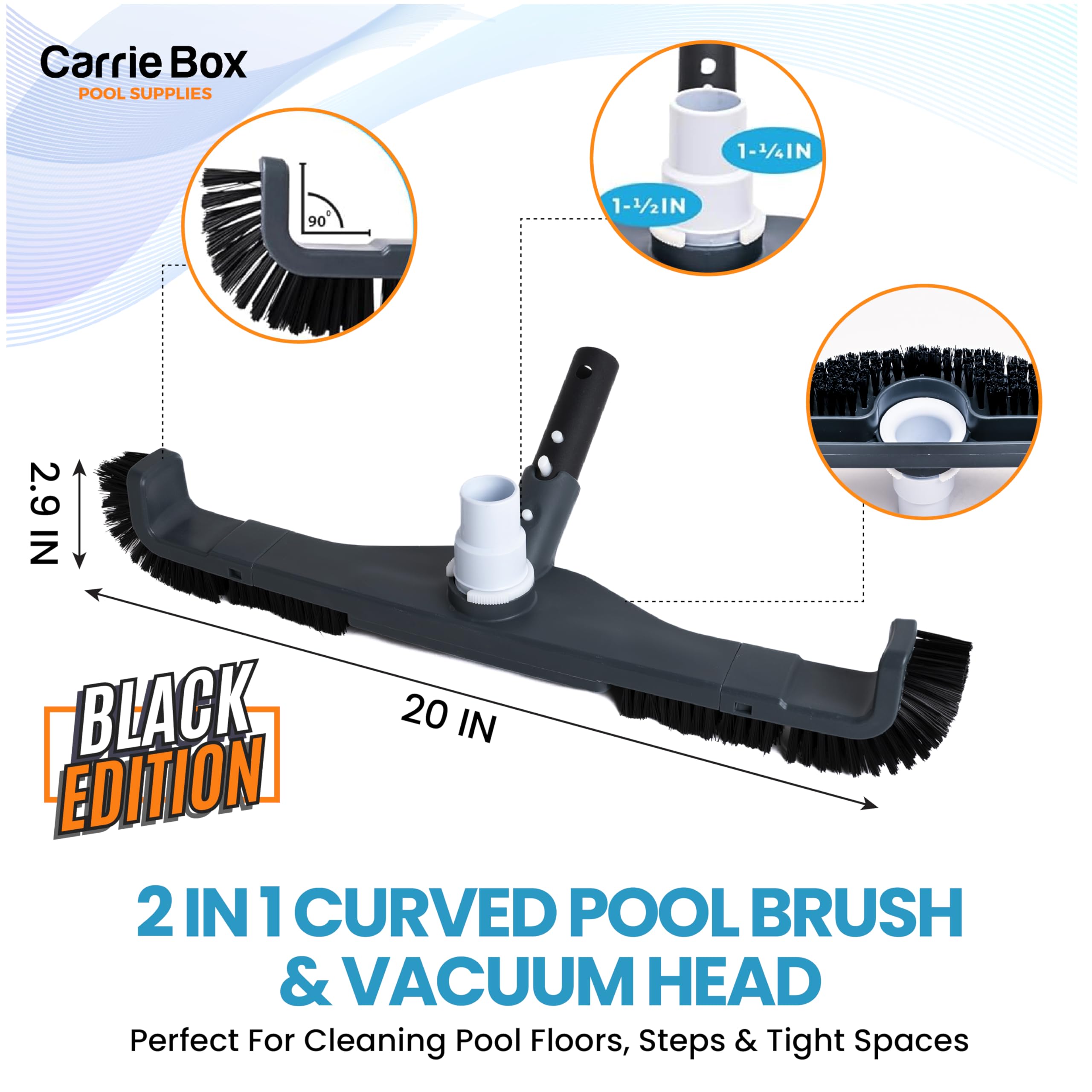 Curved Pool Brush with Vacuum Head – Heavy Duty 20-Inch 2-in-1 Cleaner for Inground & Above Ground Pools | Durable Side & Bottom Bristles with Swivel Hose Connection | Perfect for Concrete, Vinyl & Fiberglass Pool Surfaces