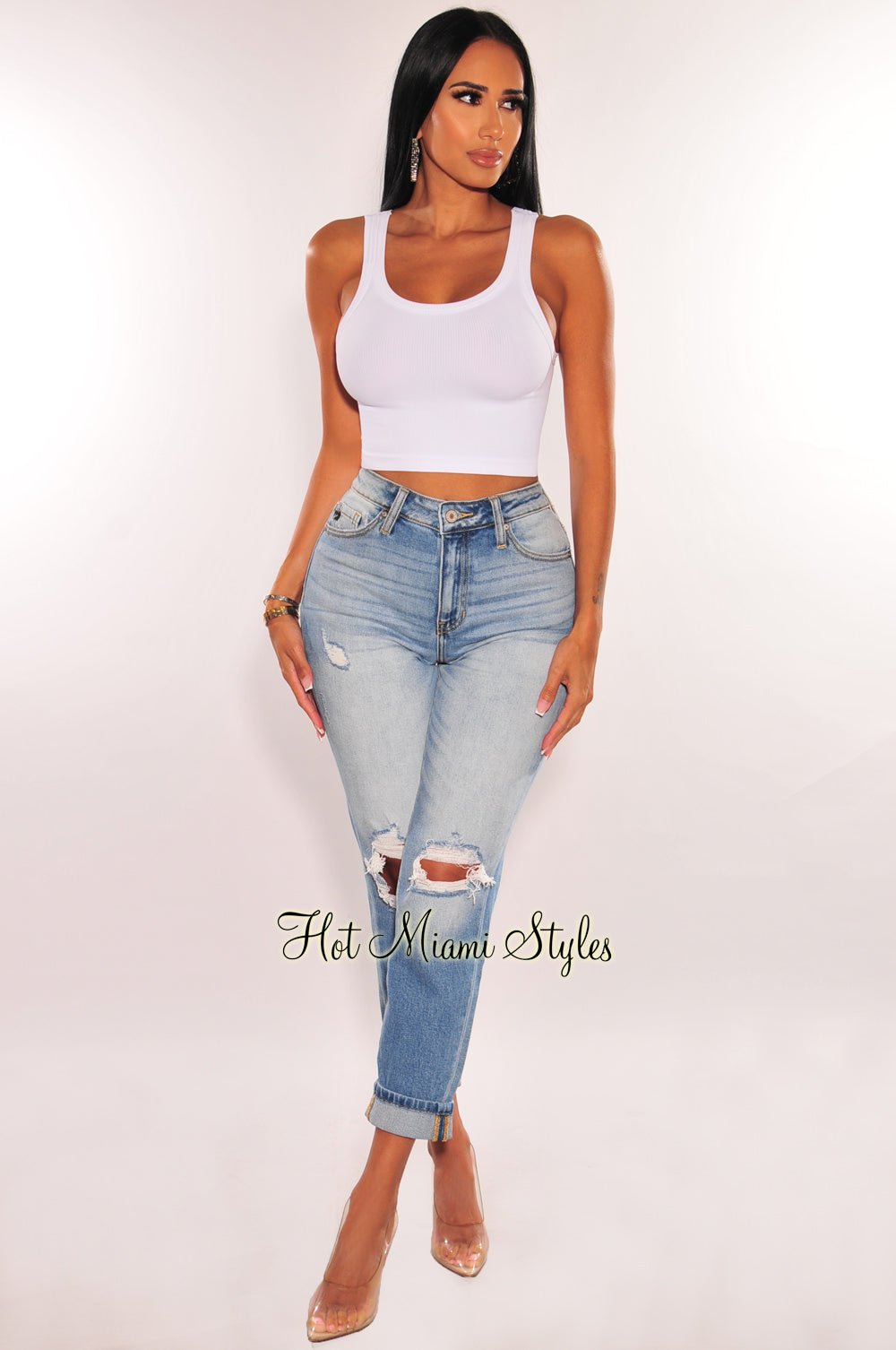 Stylish High Waist Ripped Knee Skinny Jeans for Women - Trendy Denim Ankle Pants for Casual Wear & Night Out