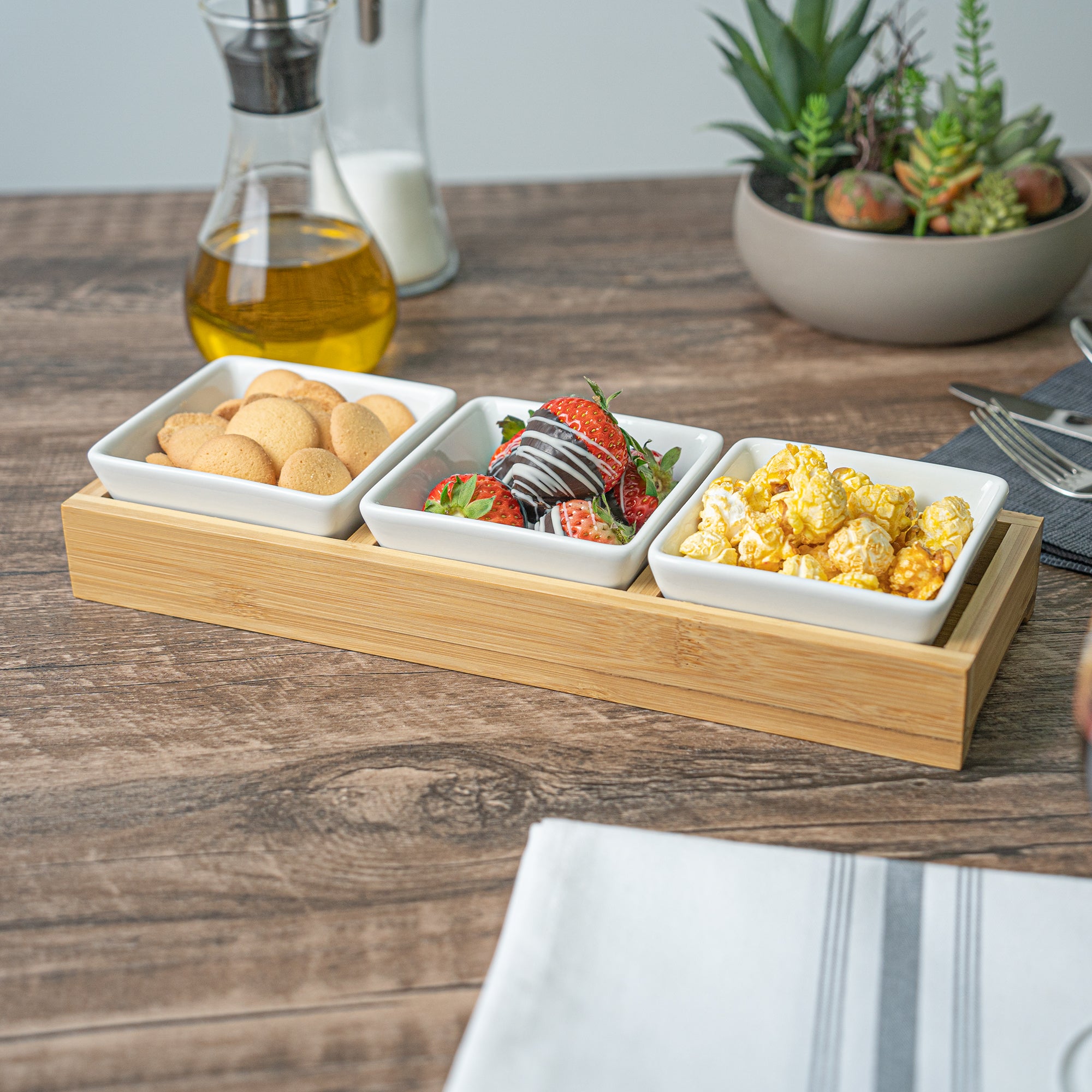 Premium 6 oz White Porcelain Modern Bowl Set with Bamboo Tray - 3 Rectangle Bowls (11.75