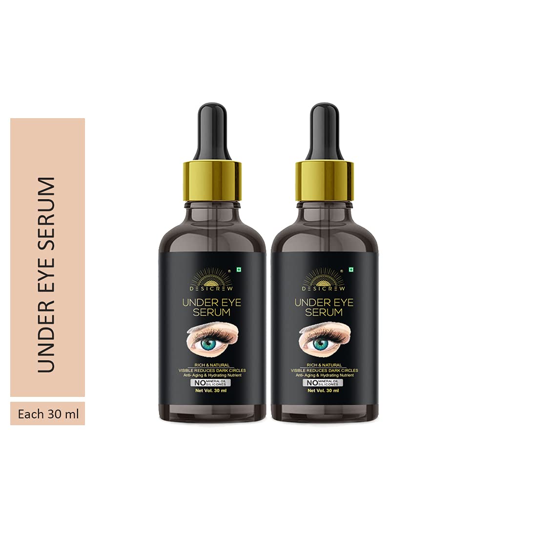 Desicrew 100% Effective Under Eye Serum for Dark Circles, Puffiness & Wrinkles - 2 Pack (60ml) - Suitable for All Skin Types - Perfect for Nighttime Skincare Routine & Travel