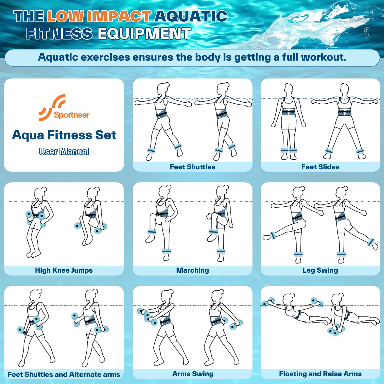 Sportneer 6-Piece Water Aerobics Set - Swim Belt, Ankle Weights for Pool Workouts & Aqua Therapy | Perfect for Water Fitness, Hydrotherapy & Low-Impact Exercise at Home or Gym