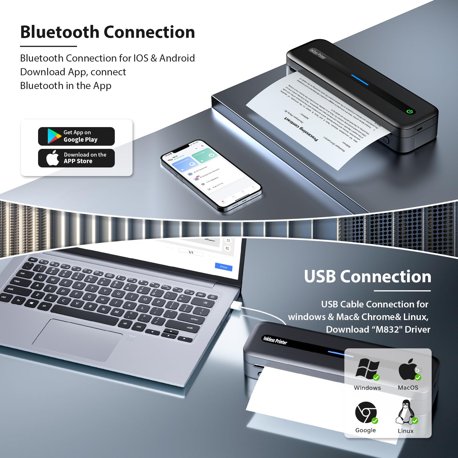 Portable Thermal Printer - Wireless M832 Printer for Travel, Phone & Laptop - Inkless Printing for Office, Home & Car - Supports 8.5x11