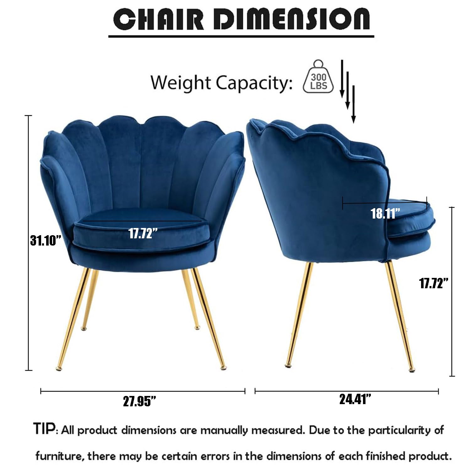 Modern Velvet Accent Chairs Set of 2 - Navy Blue Tufted Upholstered Chairs with Gold Metal Legs for Living Room, Bedroom & Dining Room | Elegant Seating for Home Decor, Guest Chairs & Vanity Dressing Area