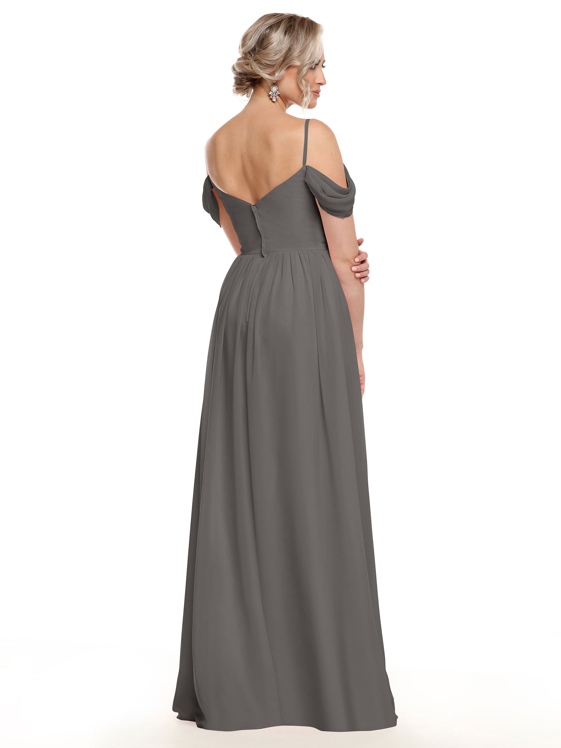 Elegant 80142 Off-The-Shoulder Chiffon Bridesmaid Dress with Spaghetti Straps - Perfect for Weddings, Formal Events & Evening Parties