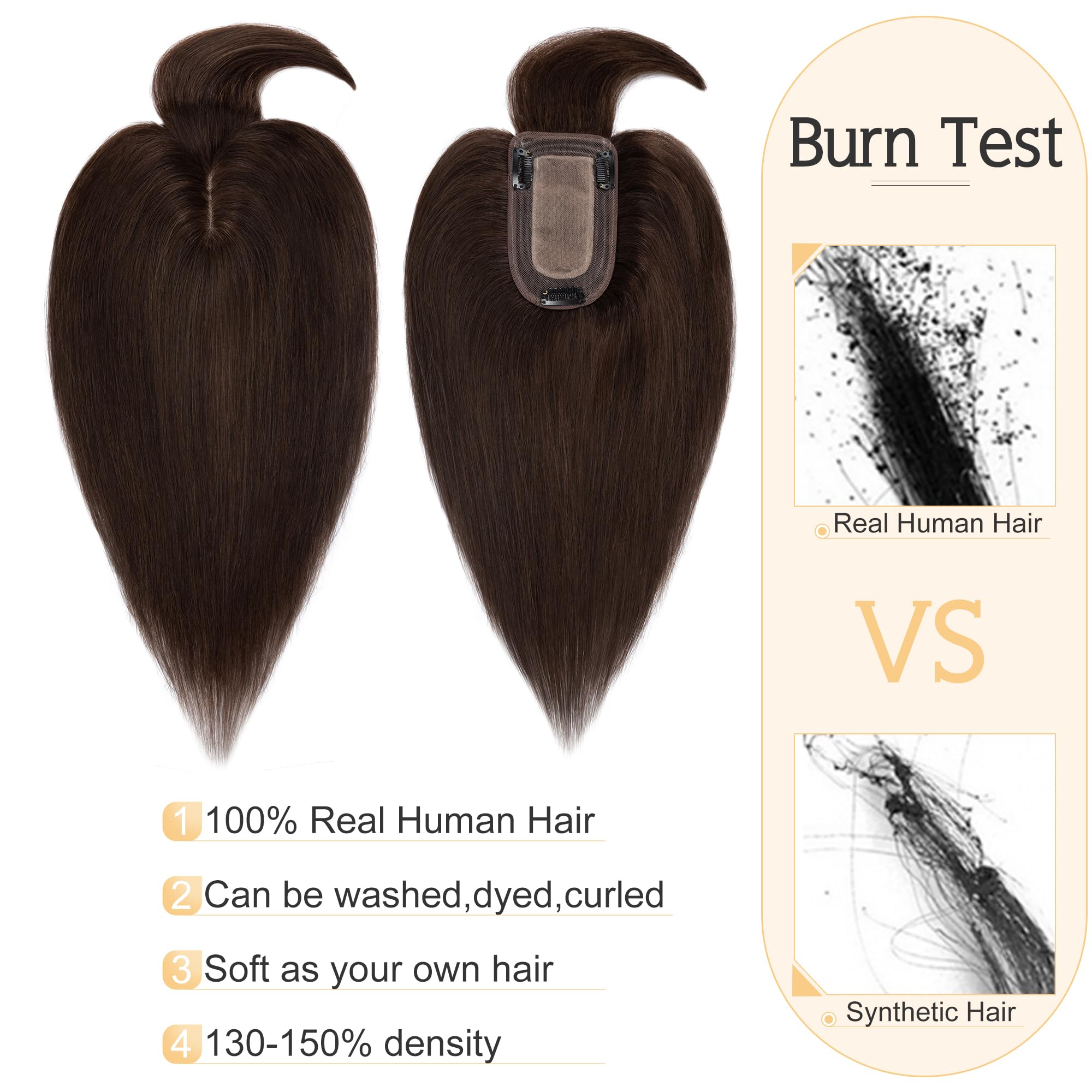 SEGO Human Hair Toppers for Women with Bangs - 7x13cm Silk Base, 100% Remy Clip-In Hairpiece for Thinning Hair (16