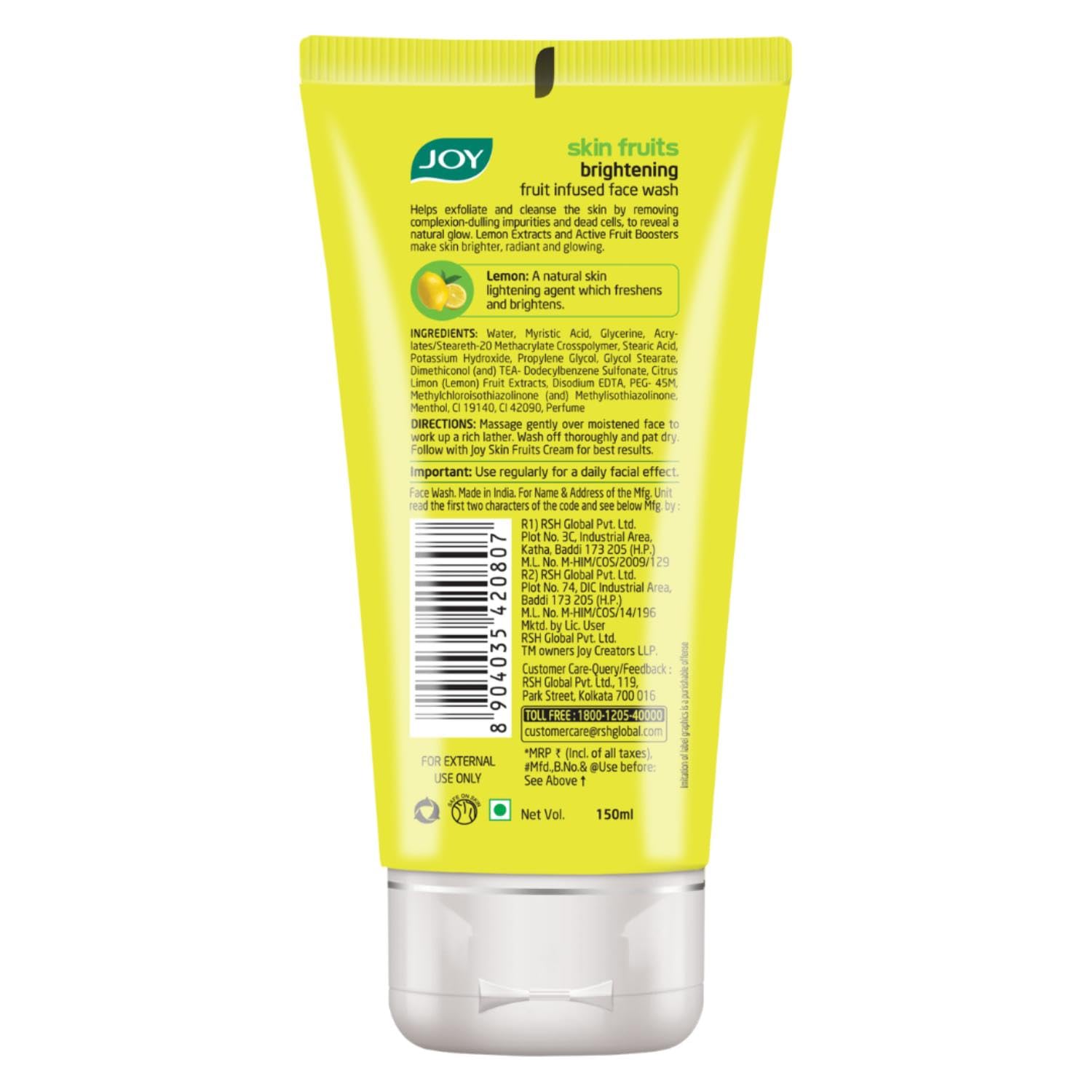 Joy Skin Fruits Lemon Brightening Face Wash 100ml with Vitamin C - Reduces Dark Spots, Oil & Dirt for Glowing Skin - Best for Normal to Oily Skin - Morning & Night Skincare Routine, Travel-Friendly Facial Cleanser