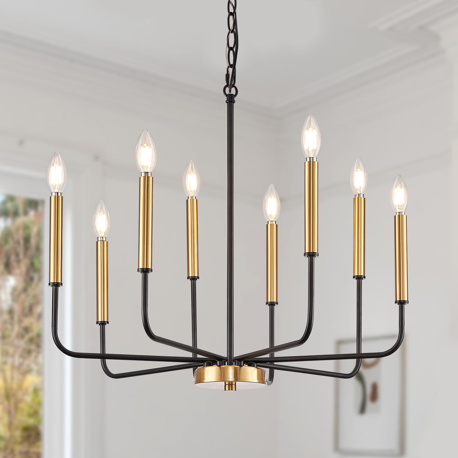 Modern Black and Gold 8-Light Farmhouse Chandelier - Metal Hanging Candle Lighting Fixture for Dining Room, Kitchen, Living Room, Foyer, Entryway & Bedroom | Elegant Ceiling Light for Home Decor, Wedding & Restaurant Ambiance