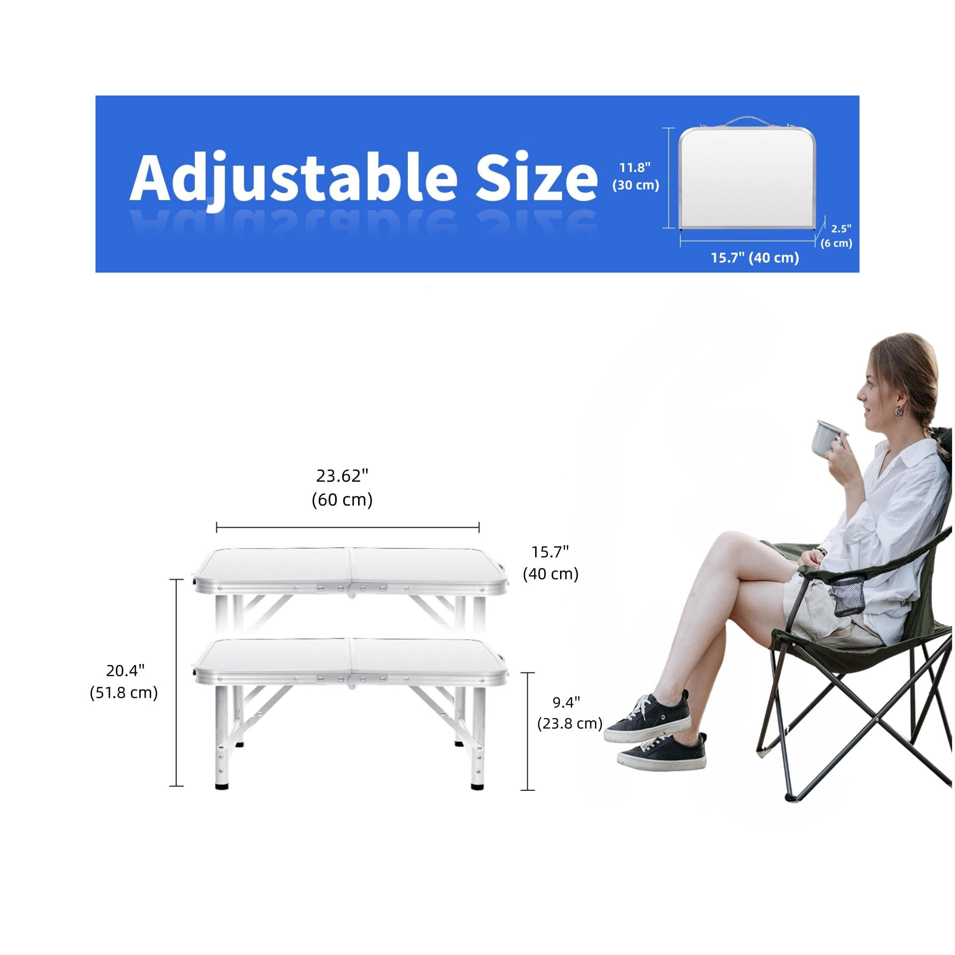 2FT Portable Folding Camping Table - Adjustable Height Aluminum Picnic Table for Outdoor, Beach, BBQ & Travel (23.6×15.7 inch, White) - Perfect for Camping Trips, Backyard Parties & Tailgating
