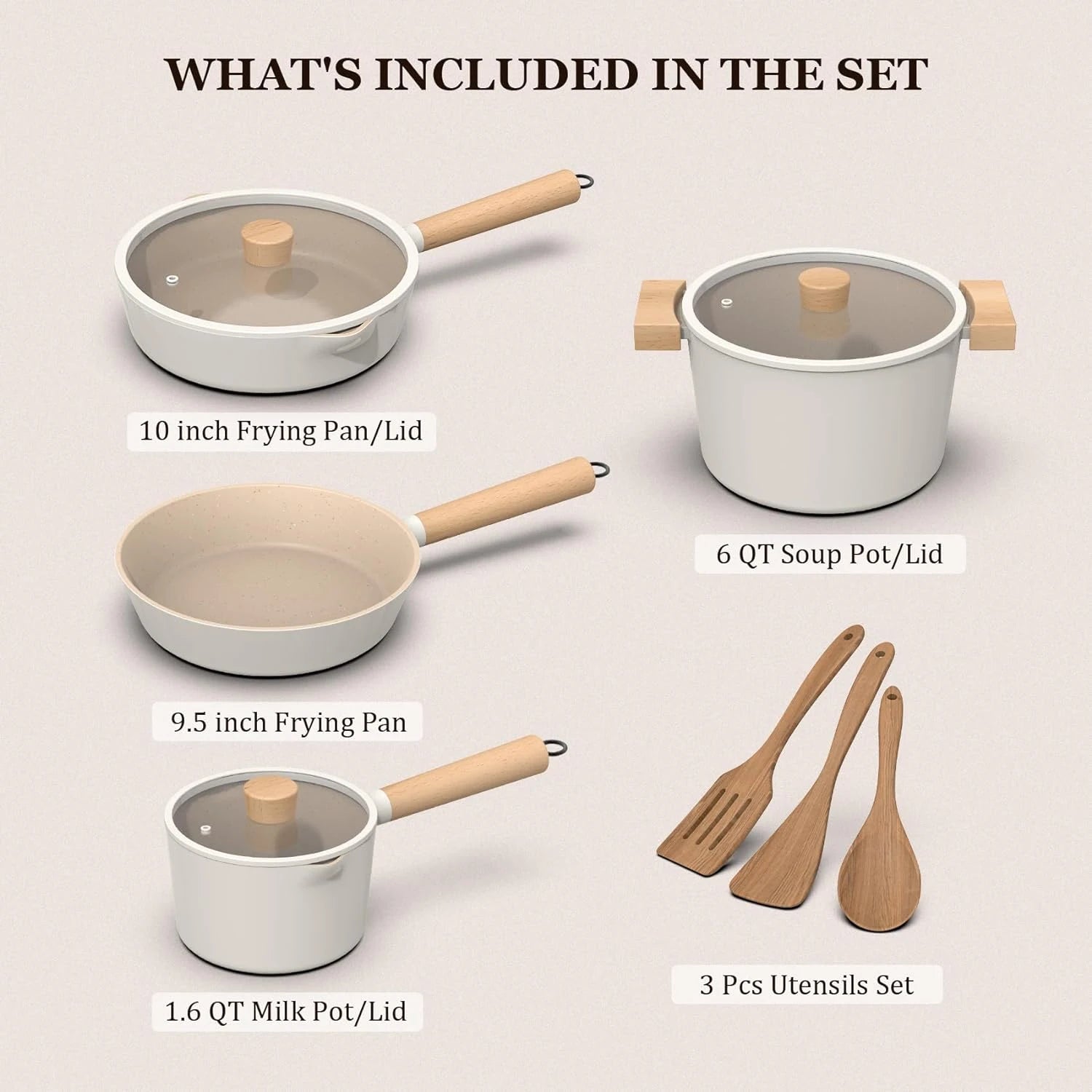 Premium Cream White Granite Nonstick Cookware Set - 10-Piece Kitchen Pots & Pans Set with Stay-Cool Handles - Perfect for Frying, Sautéing & Boiling - Ideal for Gas, Electric & Induction Stovetops - Easy Clean & Even Heat Distribution for Everyday Cooking
