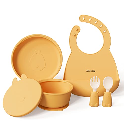 Dilovely Baby Led Weaning Supplies - 6 Pcs BPA Free Silicone Feeding Set with Suction Bowls, Plates, Adjustable Bibs & Training Spoon Fork for Toddlers | Safe, Non-Toxic Mealtime Essentials for Self-Feeding Practice at Home or Travel