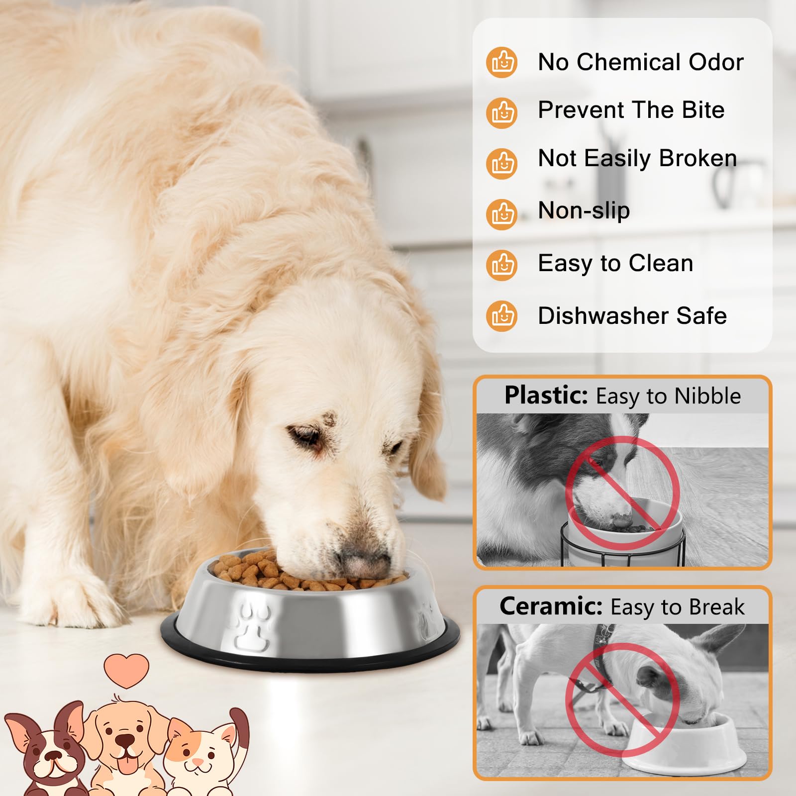 Premium Stainless Steel Cat & Dog Bowls Set of 4 - Non-Slip Rubber Base Pet Food and Water Dishes for Indoor Cats & Small Dogs - Perfect for Mealtime, Travel & Vet Visits