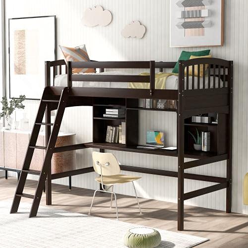 Twin Size Wood Loft Bed with Built-in Desk & Storage Shelves - No Box Spring Needed - Espresso Finish - Perfect for Small Bedrooms, Dorms & Kids Rooms