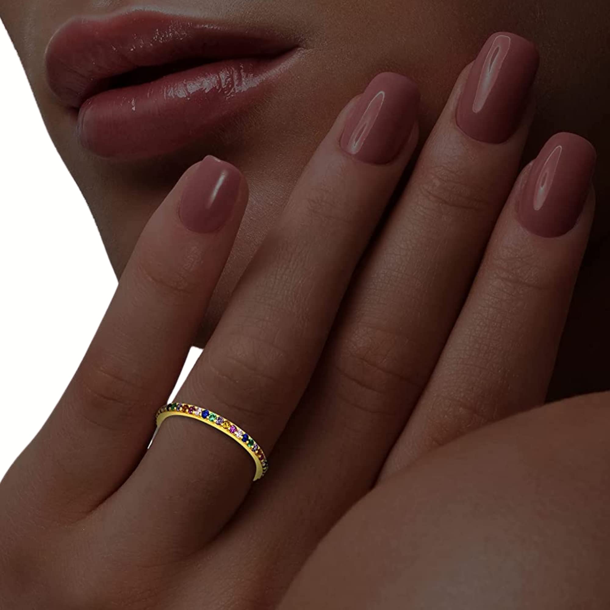 Rainbow Simulated Diamond Eternity Ring for Women - Sterling Silver 14k Gold Plated Cubic Zirconia Band - Thin Stackable Wedding Engagement Promise Ring - Perfect for Anniversary Gifts, Valentine's Day & Special Occasions