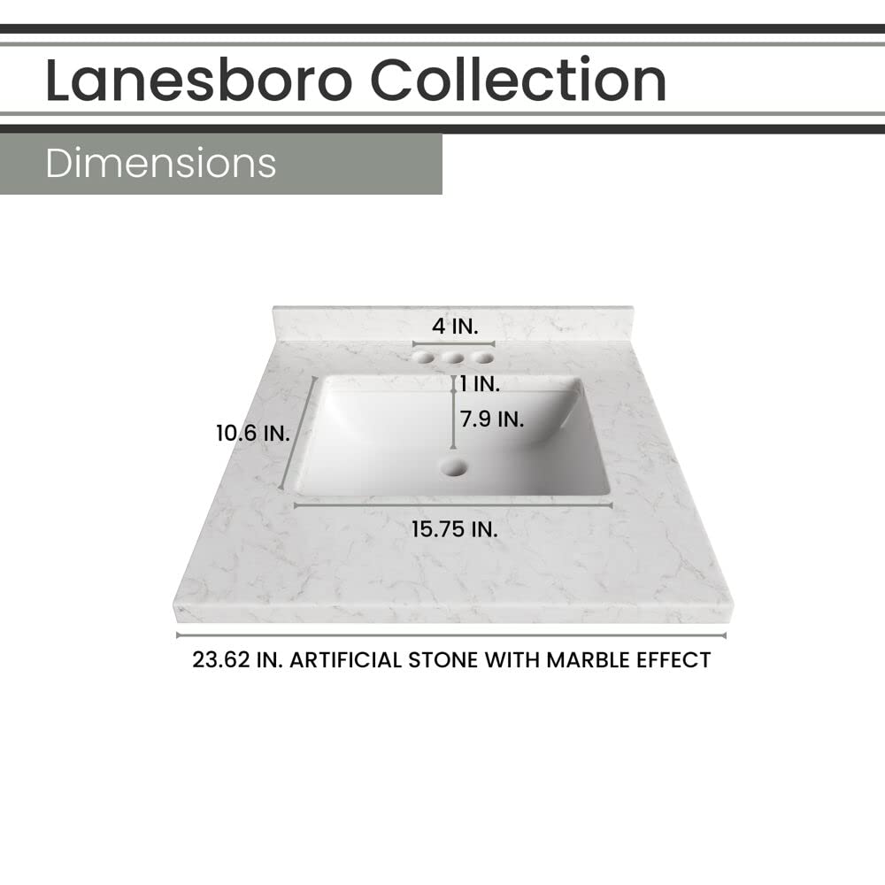 Hanover Lanesboro 24'' White Bathroom Vanity Set with Sink, Mirror & Stone Countertop - Pre-Assembled 2-Door Cabinet for Powder Room or Master Bath | HANVN0105-24-0WH | Perfect for Small Bathrooms & Guest Suites