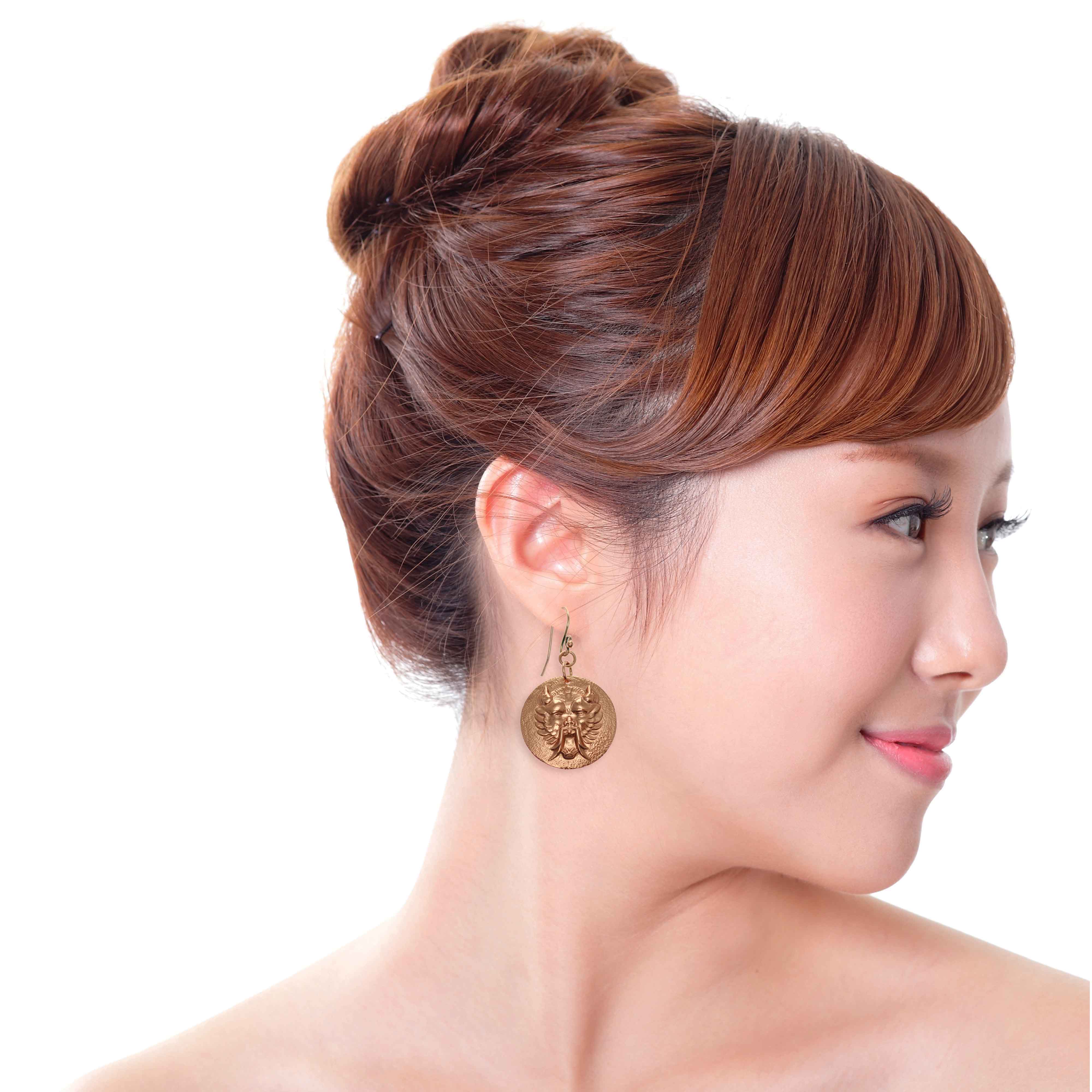 Chinese Foo Dog Copper Disc Earrings - Handmade Vintage Asian Inspired Jewelry for Women - Perfect for Boho Style, Festival Fashion & Cultural Gift Giving