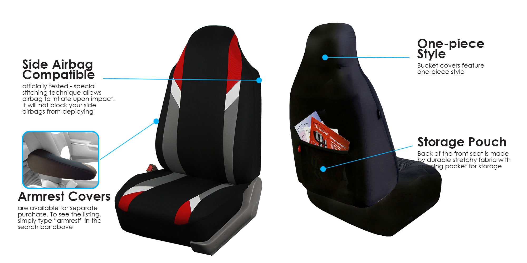 FH Group Universal Fit Automotive Seat Covers - Supreme Modernistic Red 1-Piece Front & Split Bench Rear Set | Airbag Compatible for SUV, Sedan, Truck | Durable Protection for Commuting, Road Trips & Family Vehicles