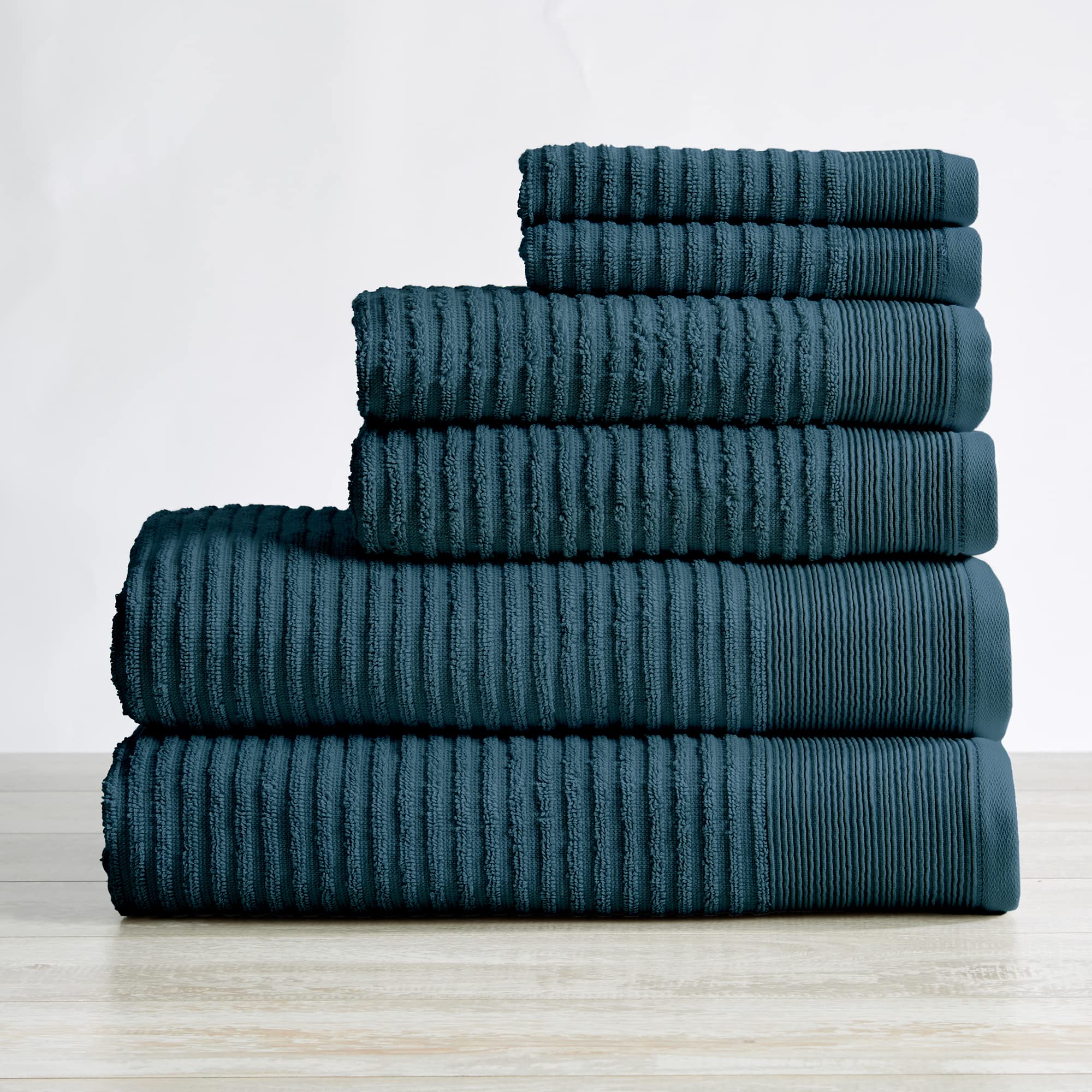Premium 100% Cotton Ribbed Terry Bath Towels - Ultra Absorbent, Quick-Dry & Plush - Rori Collection (6-Piece Set, Blue) for Spa, Bathroom & Beach Use