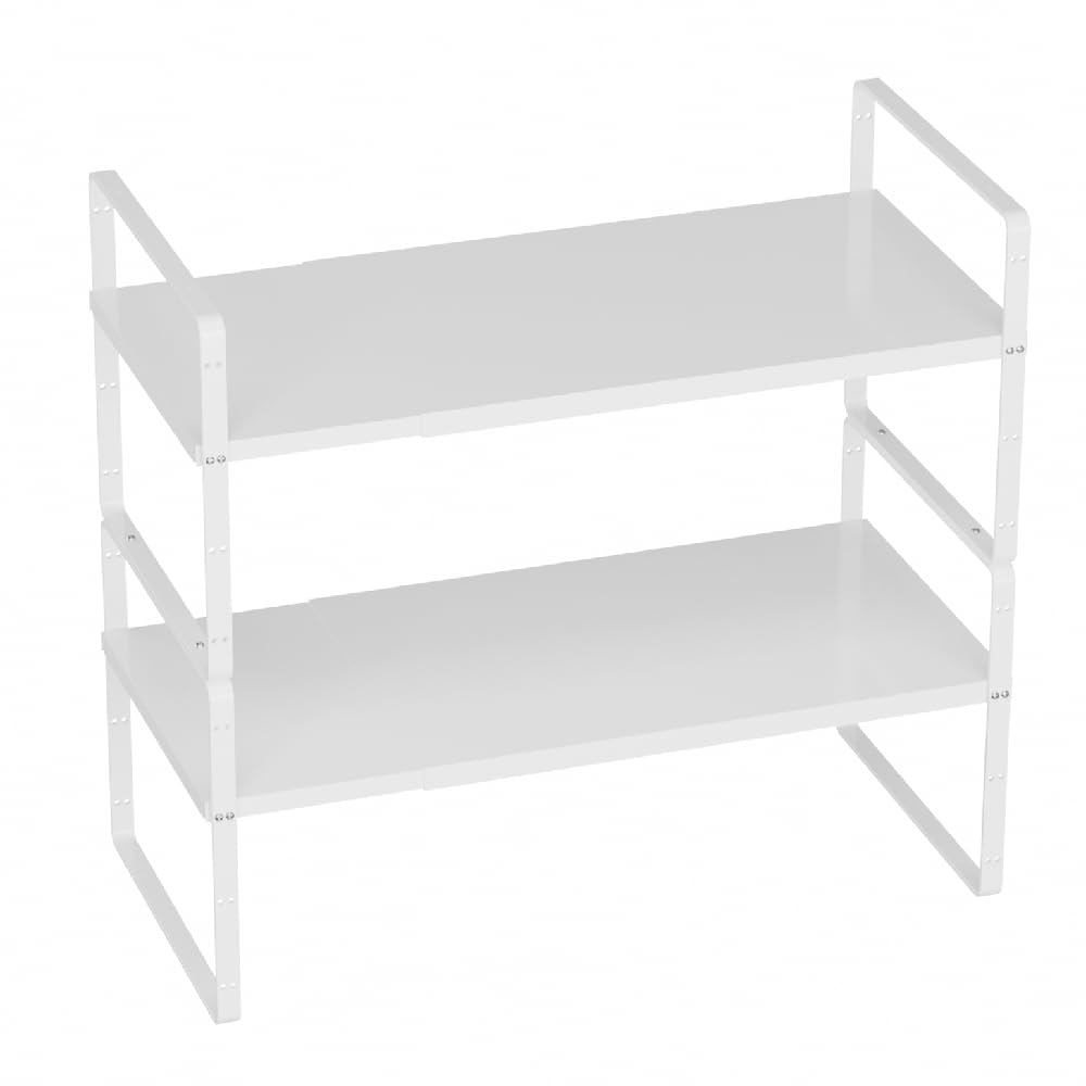 Expandable Counter Organizer Shelf - Stackable Cabinet Storage Rack for Kitchen, Bathroom & Pantry (White, 2-Pack) - Perfect for Spice Organization, Small Appliance Storage & Space Saving Solutions