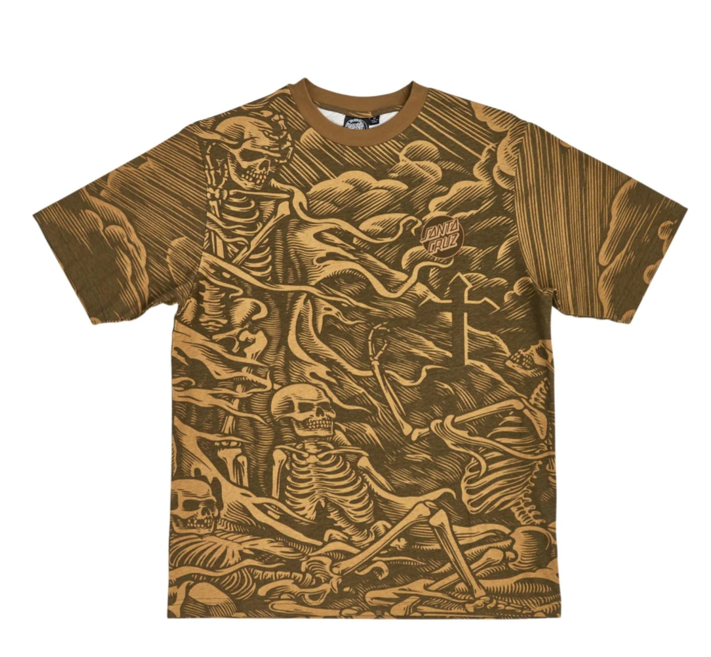 2X Santa Cruz O'Brien Purgatory All Over Print Shirt - BRASS TAN | Vintage Surf Style Graphic Tee for Men & Women | Perfect for Beach Parties, Concerts and Casual Wear