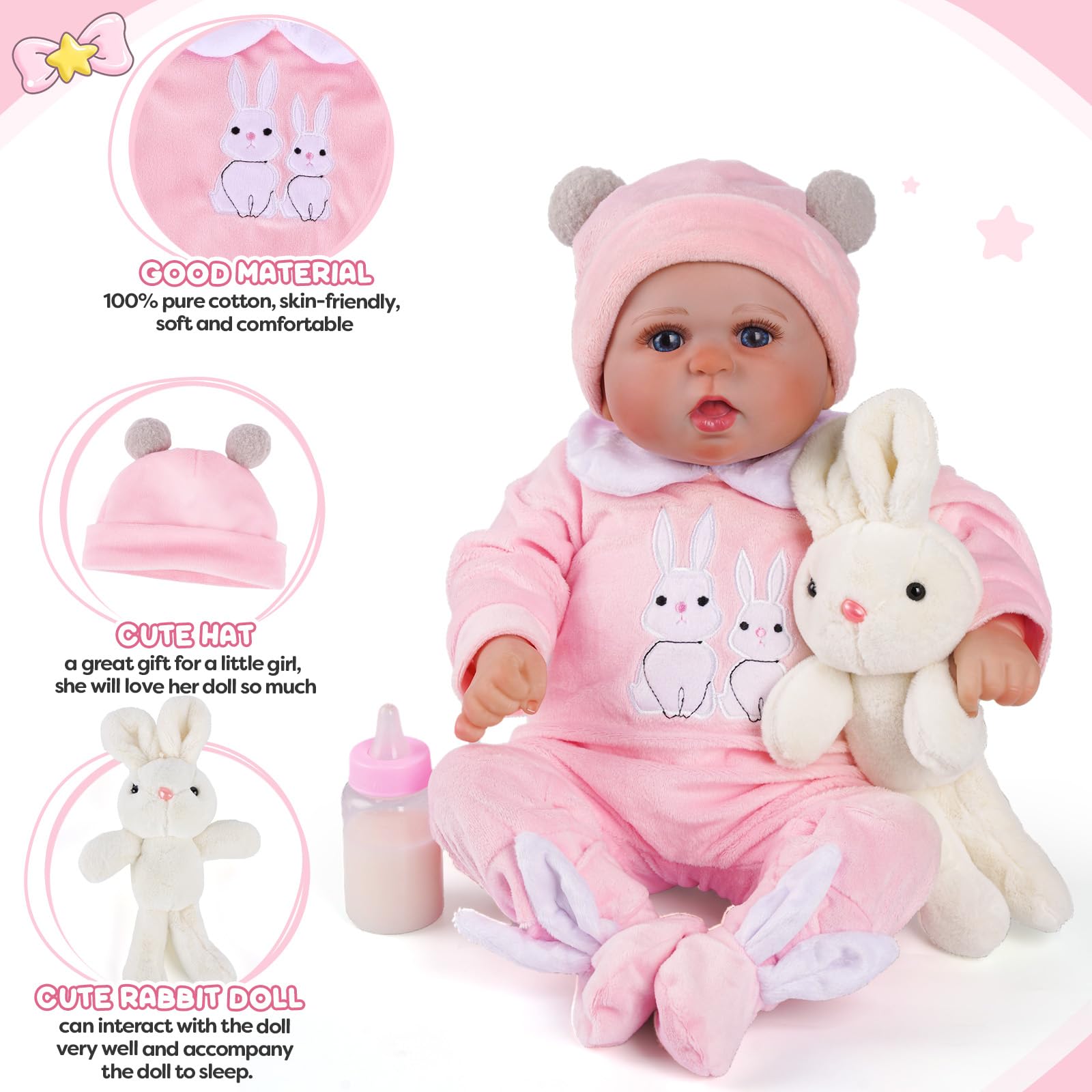 8-Piece Reborn Baby Doll Clothes Set with Bassinet & Bunny Toy - Outfits for 17-22 Inch Newborn Baby Dolls - Perfect for Playtime, Nursery Decor & Gift Giving