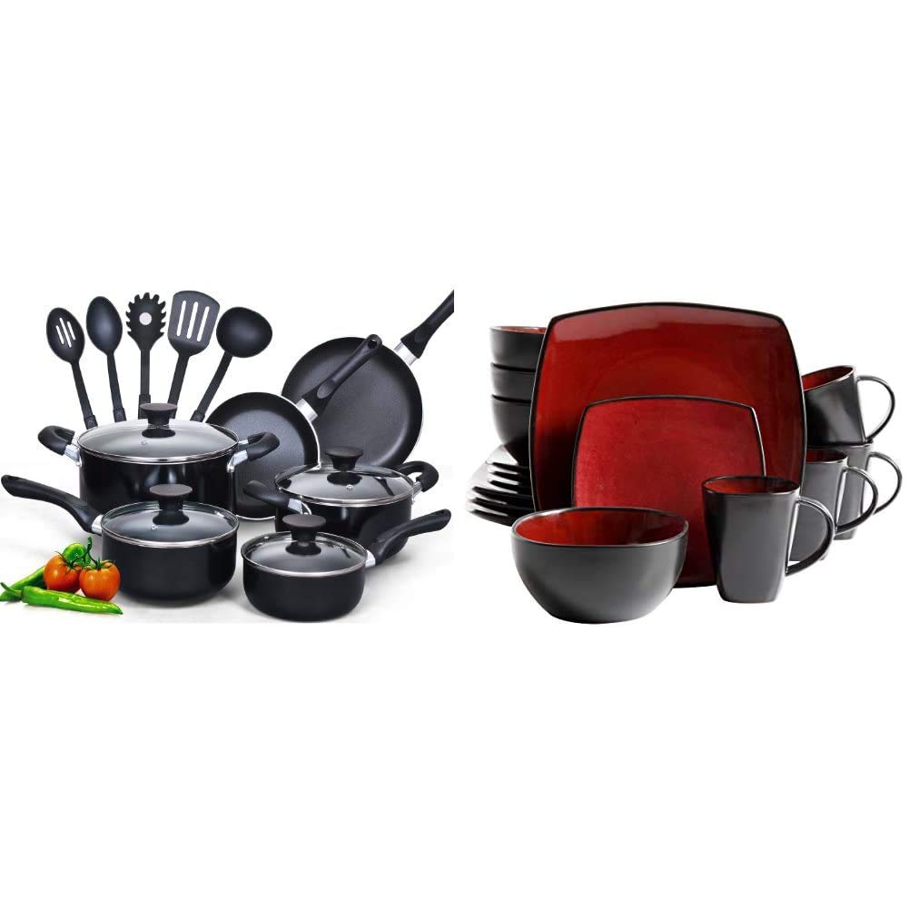 Cook N Home 16-Piece Nonstick Pots and Pans Set with Gibson Soho 16-Piece Square Dinnerware Set - Service for 4, Red | Complete Kitchen Cookware & Dish Set for Family Dinners & Entertaining