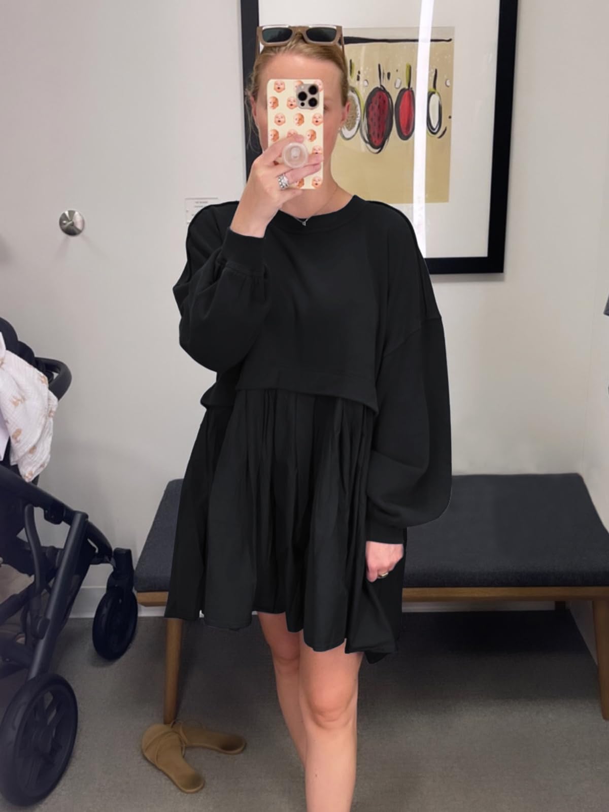 Women's Oversized Patchwork Sweatshirt Dress - Crew Neck Long Sleeve Flowy Pullover Mini Dress | Casual Loungewear, Streetwear Fashion & Cozy Fall Outfit