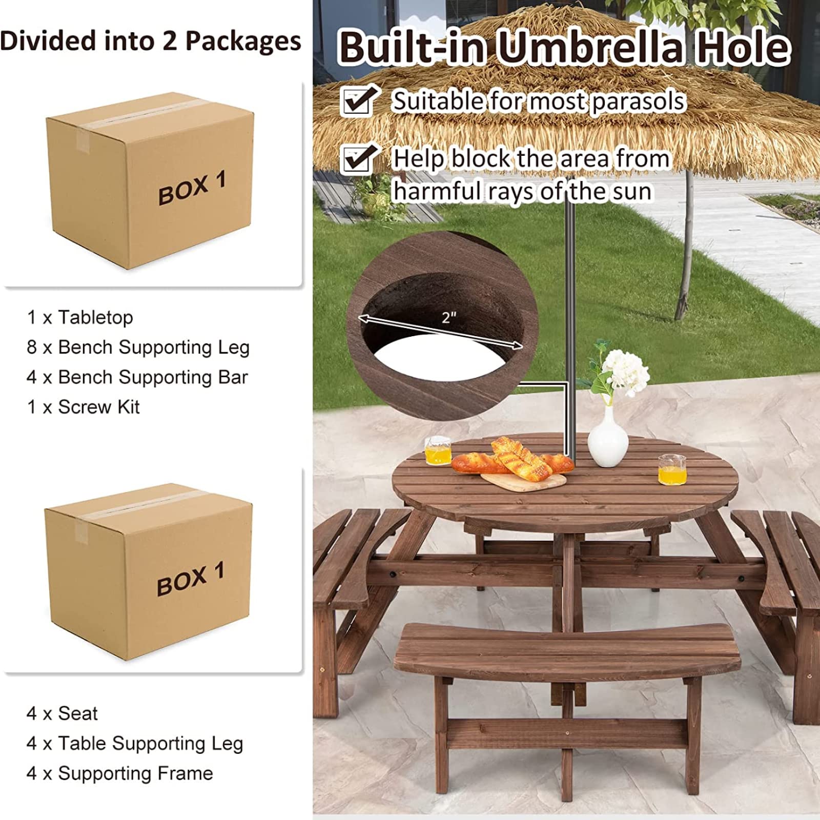 Tangkula 8-Person Round Wooden Picnic Table with 4 Built-in Benches & Umbrella Hole - 500lbs Capacity Per Bench - Outdoor Dining Set for Garden, Backyard, Patio, Camping & Picnic Areas