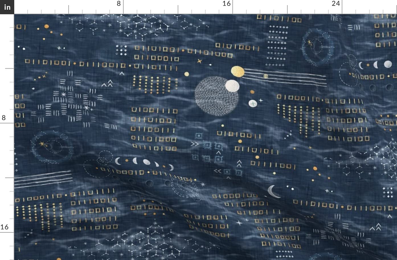 Shibori Dark Blue Astronomy Planets Night Sky Gold Printed Denim Fabric by The Yard - Bottomweight Apparel, Home Decor & Upholstery Material - Perfect for DIY Clothing, Curtains & Cushion Covers