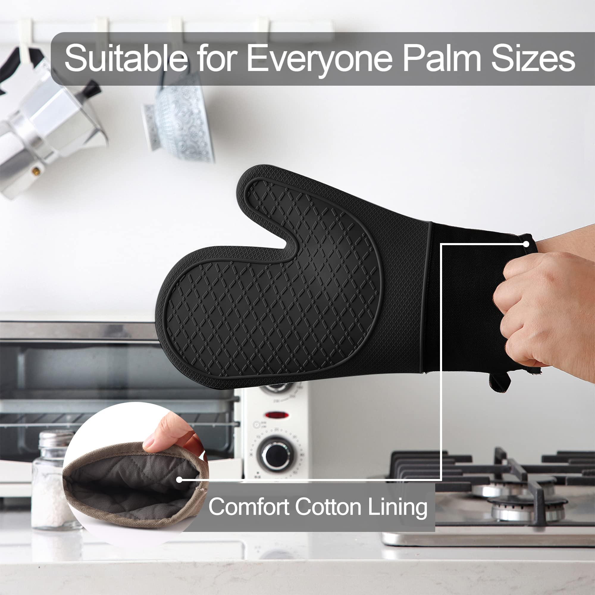 Heat Resistant Silicone Oven Mitts and Pot Holders Set - 600°F Protection with Soft Lining & Non-Slip Grip - 4-Piece Kitchen Accessories (Oven Gloves + Trivet) - Perfect for Baking, Grilling, and Cooking - Black
