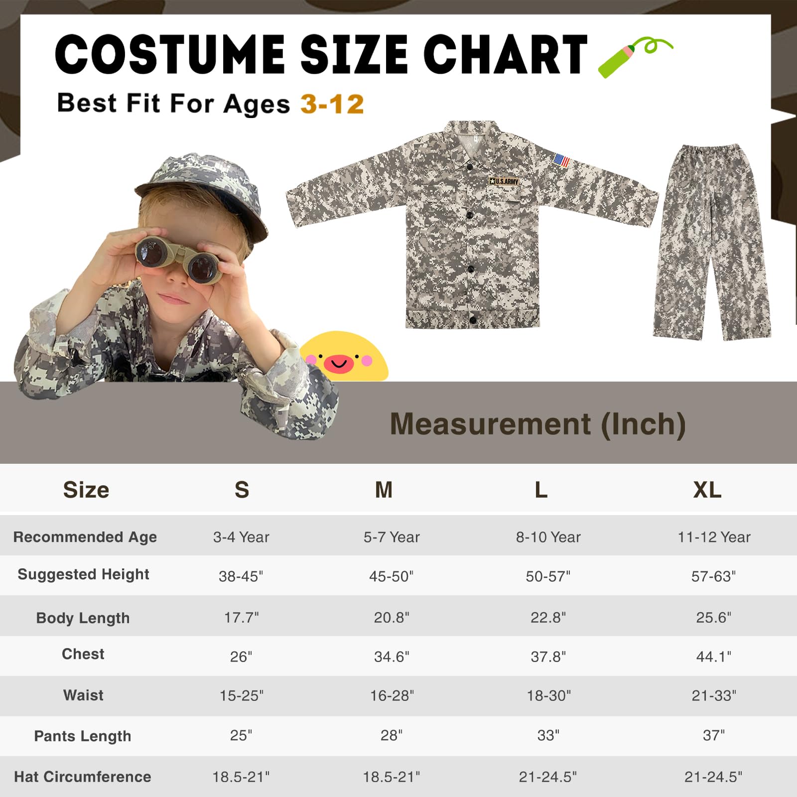 INNOCHEER Kids Army Costume - Military Soldier Halloween Costume for Boys Ages 3-12 | Perfect for Halloween Parties, Dress-Up Play & Patriotic Events