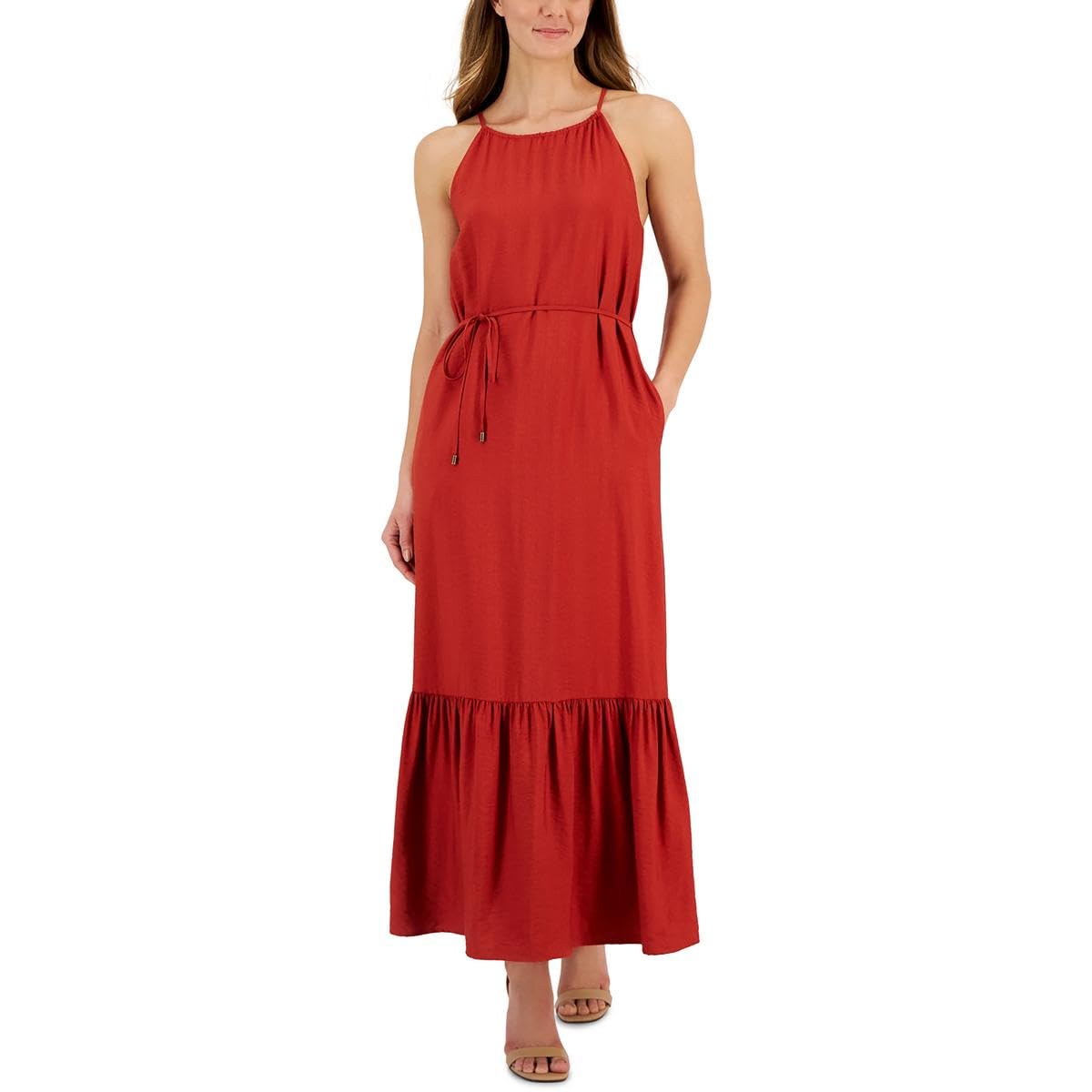 Anne Klein Women's Tiered Maxi Dress - Flowy Summer Beach Dress with Pockets, Casual Boho Chic Long Dress for Vacation, Party & Outdoor Events