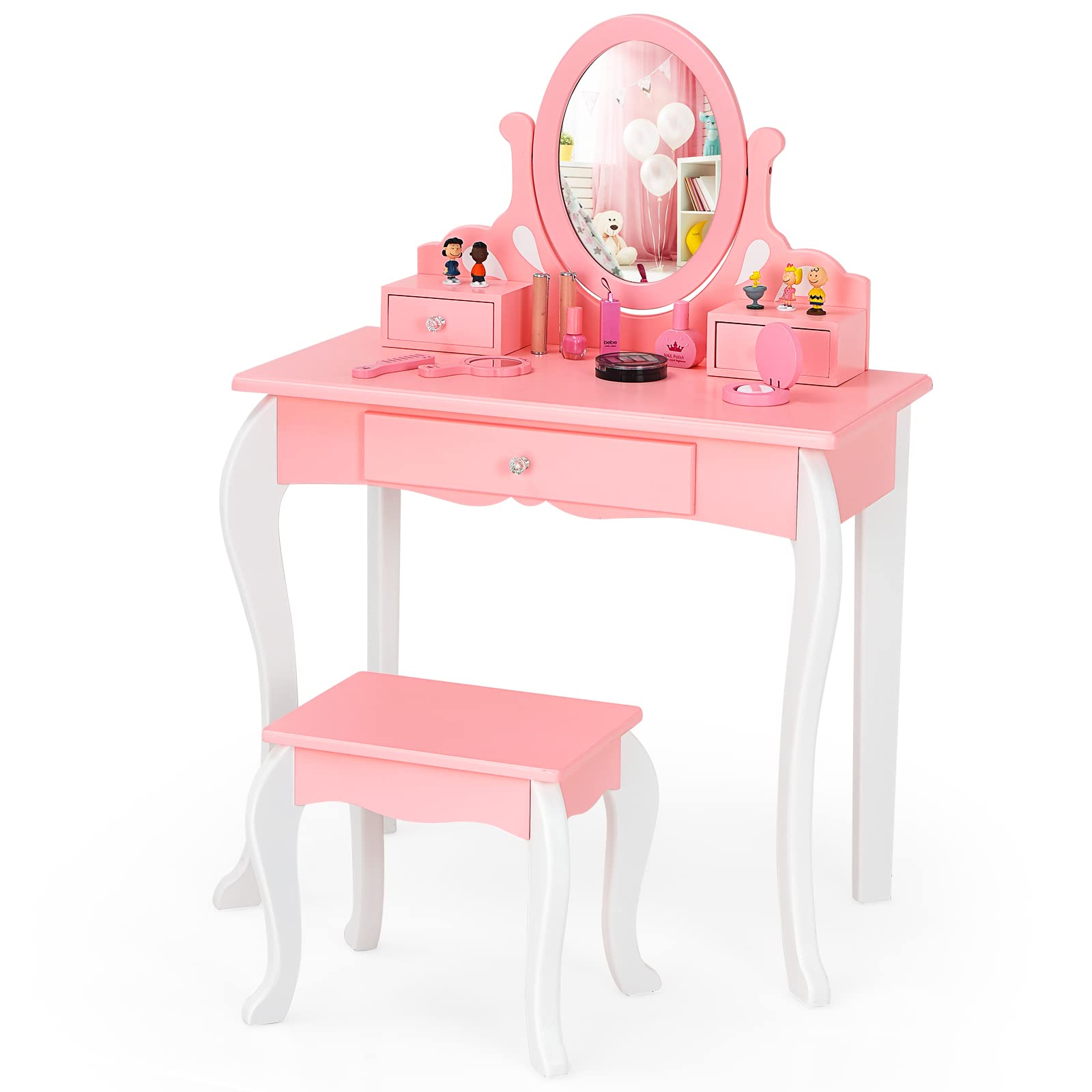 KOTEK 2-in-1 Wooden Princess Makeup Vanity Set with 360° Rotating Mirror, Detachable Top & Storage Drawers - Pink Kids Dressing Table with Stool for Girls | Pretend Play, Birthday Gift, Bedroom Decor, Toddler Room Furniture