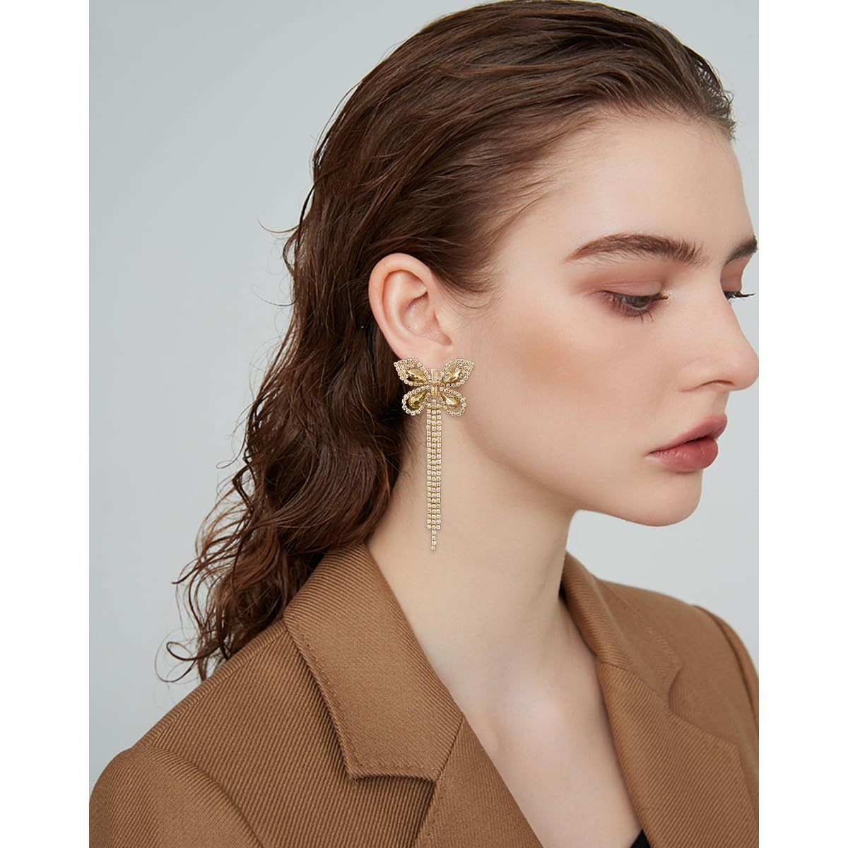 Sparkling Rhinestone Butterfly Bow Earrings for Women - Gold Crystal CZ Drop Dangle Earrings | Cubic Zirconia Sterling Silver Stud Earrings | Hypoallergenic Valentine's Day Jewelry Gift for Mom, Brides, Wedding & Prom | Perfect for Date Nights, Parties and Special Occasions