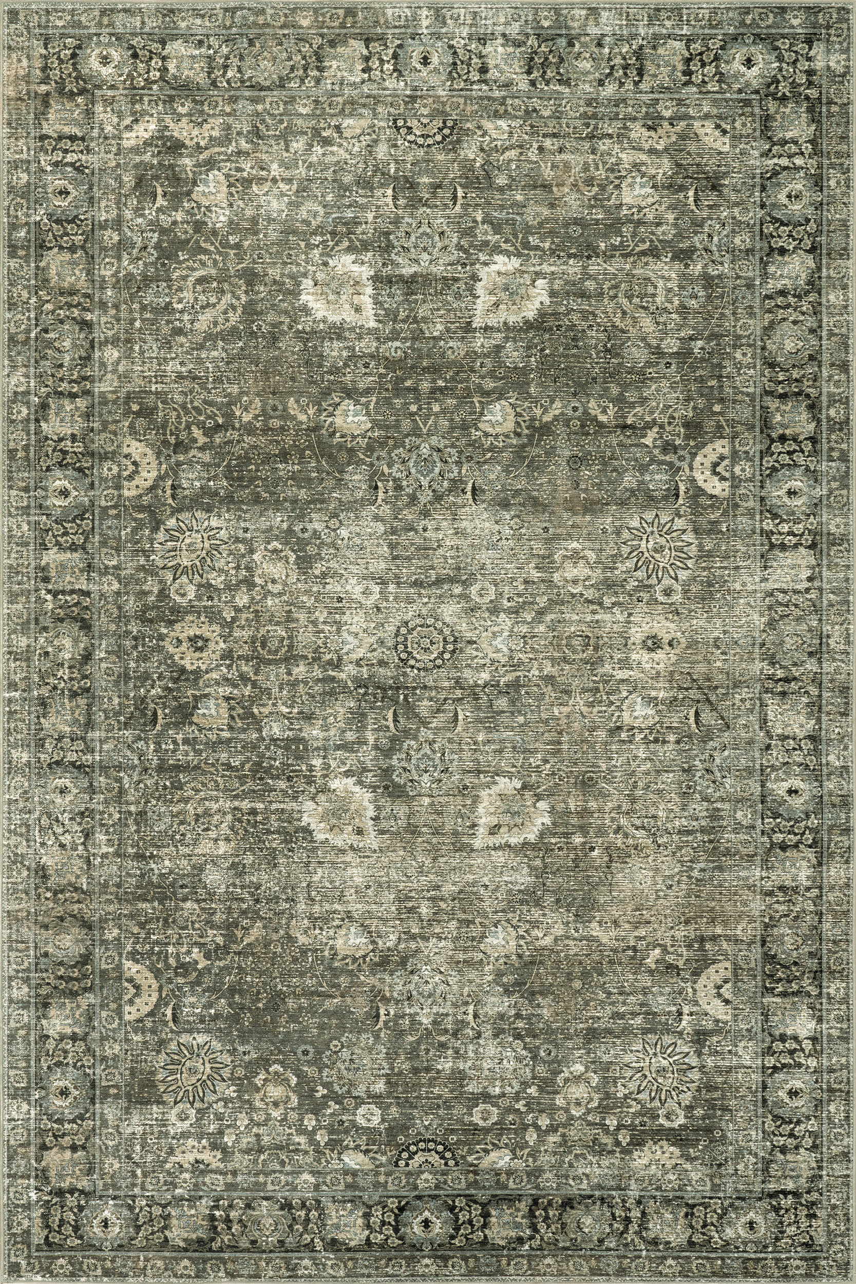 Bayberry Spill Proof Vintage Washable Rug - Non-Slip Green Grey Area Rug for Living Room, Bedroom, Kitchen | Home Decor & High Traffic Floor Mat