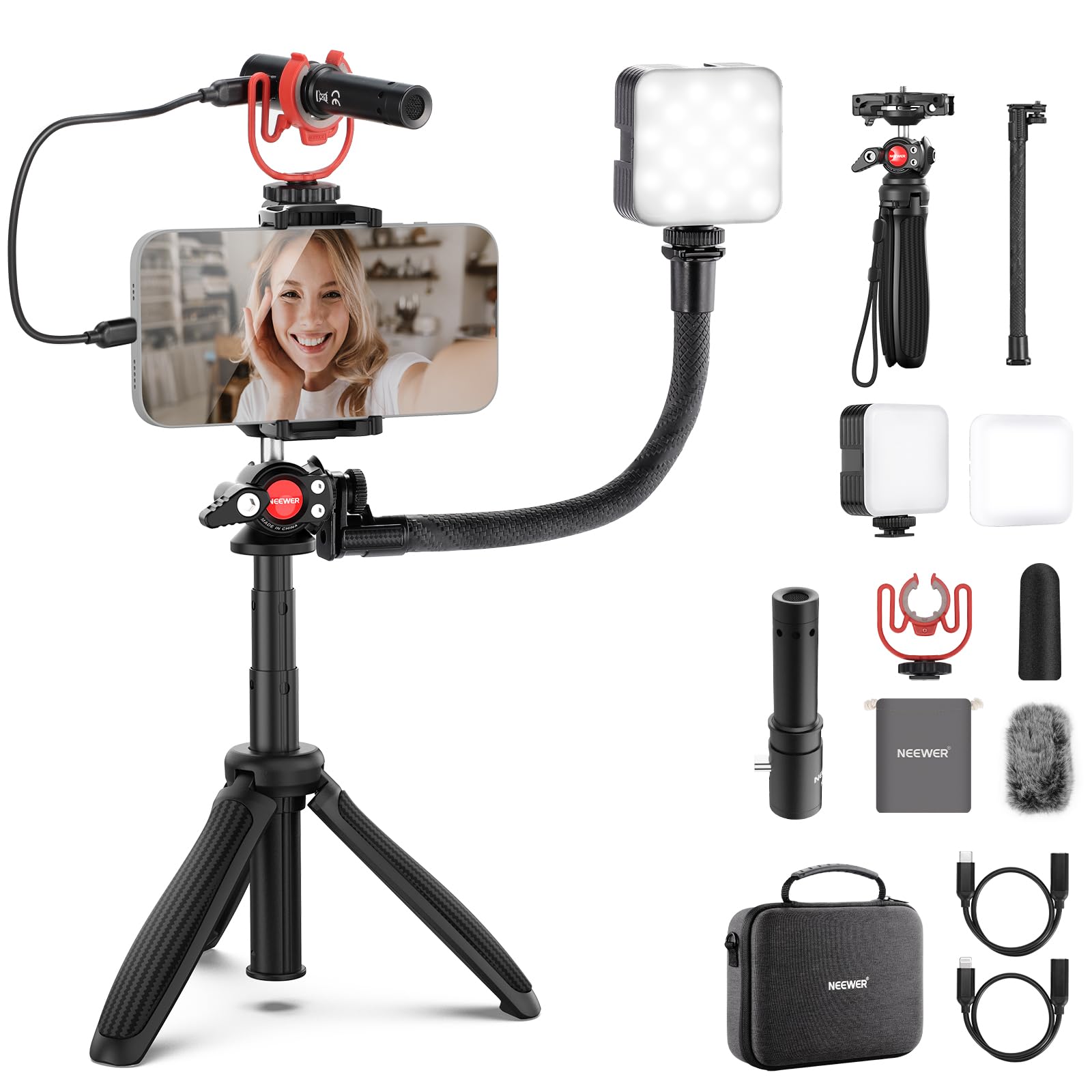 NEEWER Phone Vlogging Kit with LED Light, Selfie Stick Tripod & USB-C Microphone - YouTube Content Creator Essentials for iPhone, Android, Podcast - Perfect for Travel Vlogging, Live Streaming & Social Media Content Creation