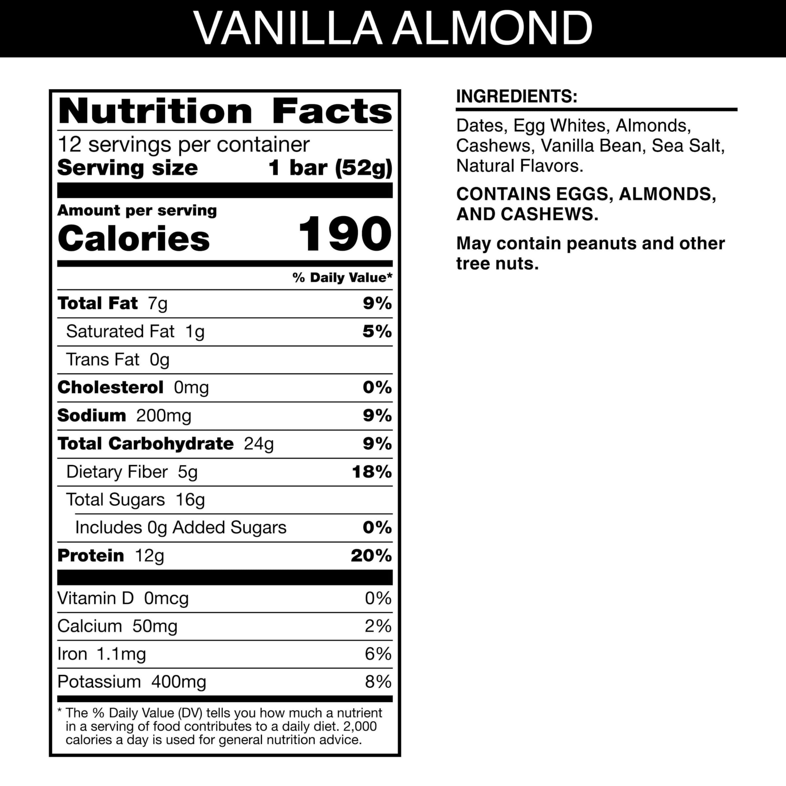RXBAR Protein Bar - Vanilla Almond Flavor, 12g Protein, Gluten Free, No Added Sugar, Healthy Snack for Workout, Hiking & On-the-Go Energy Boost